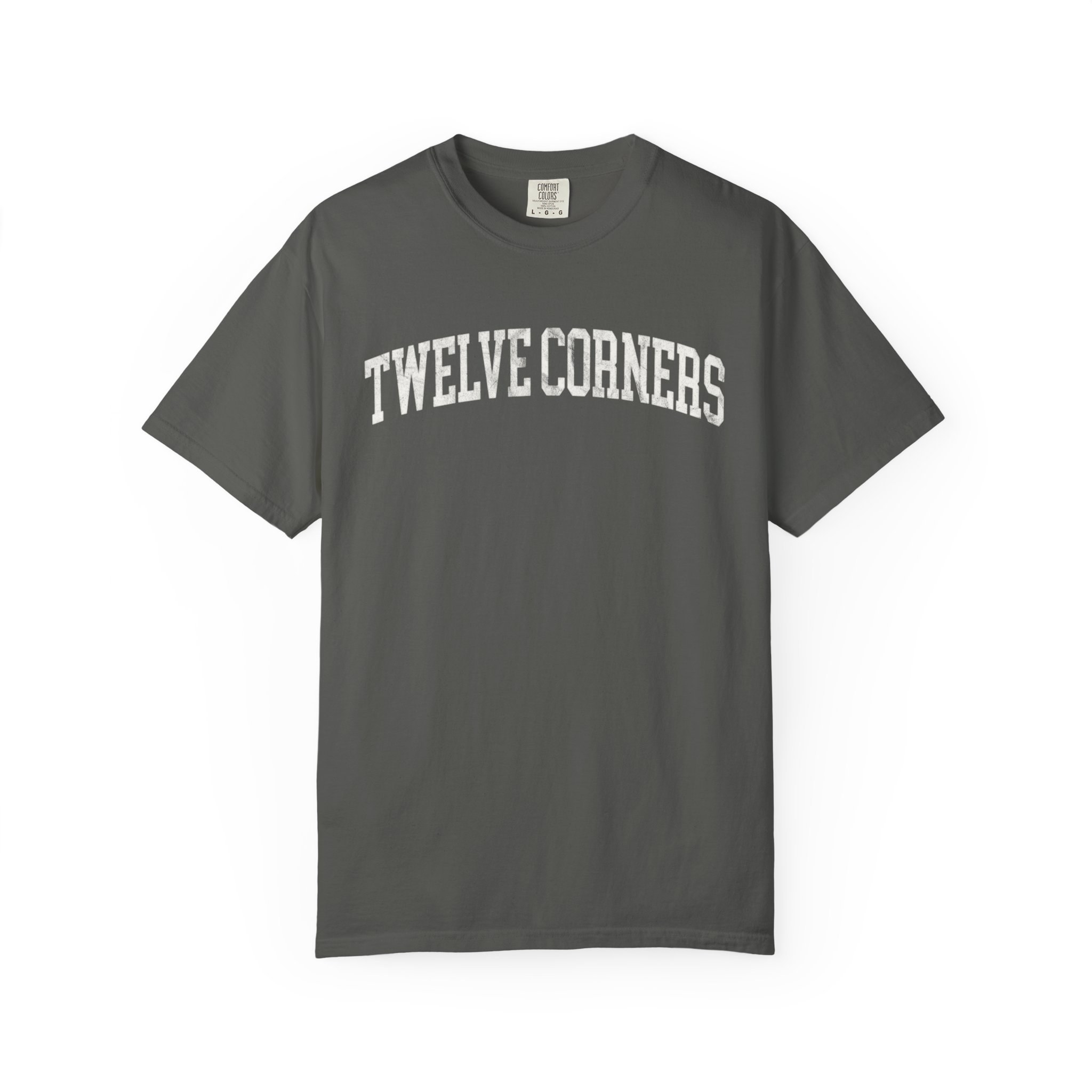 Twelve Corners Garment-Dyed Tee in Concrete, front — TWELVE CORNERS lettering