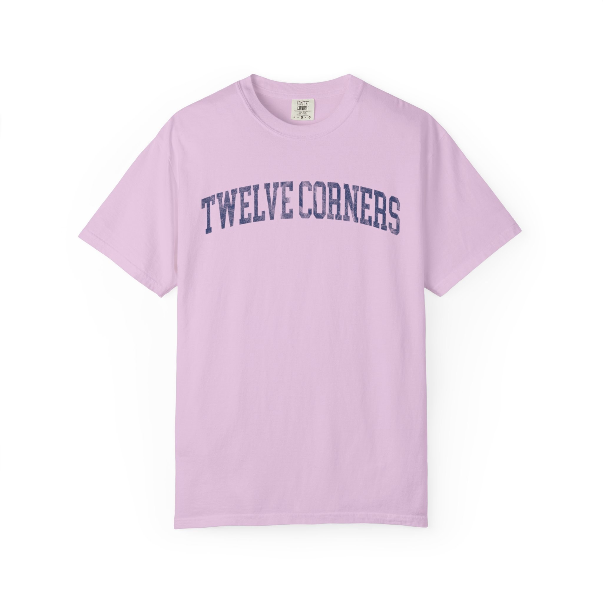Twelve Corners Garment-Dyed Tee in Lilac Szn, front — TWELVE CORNERS lettering
