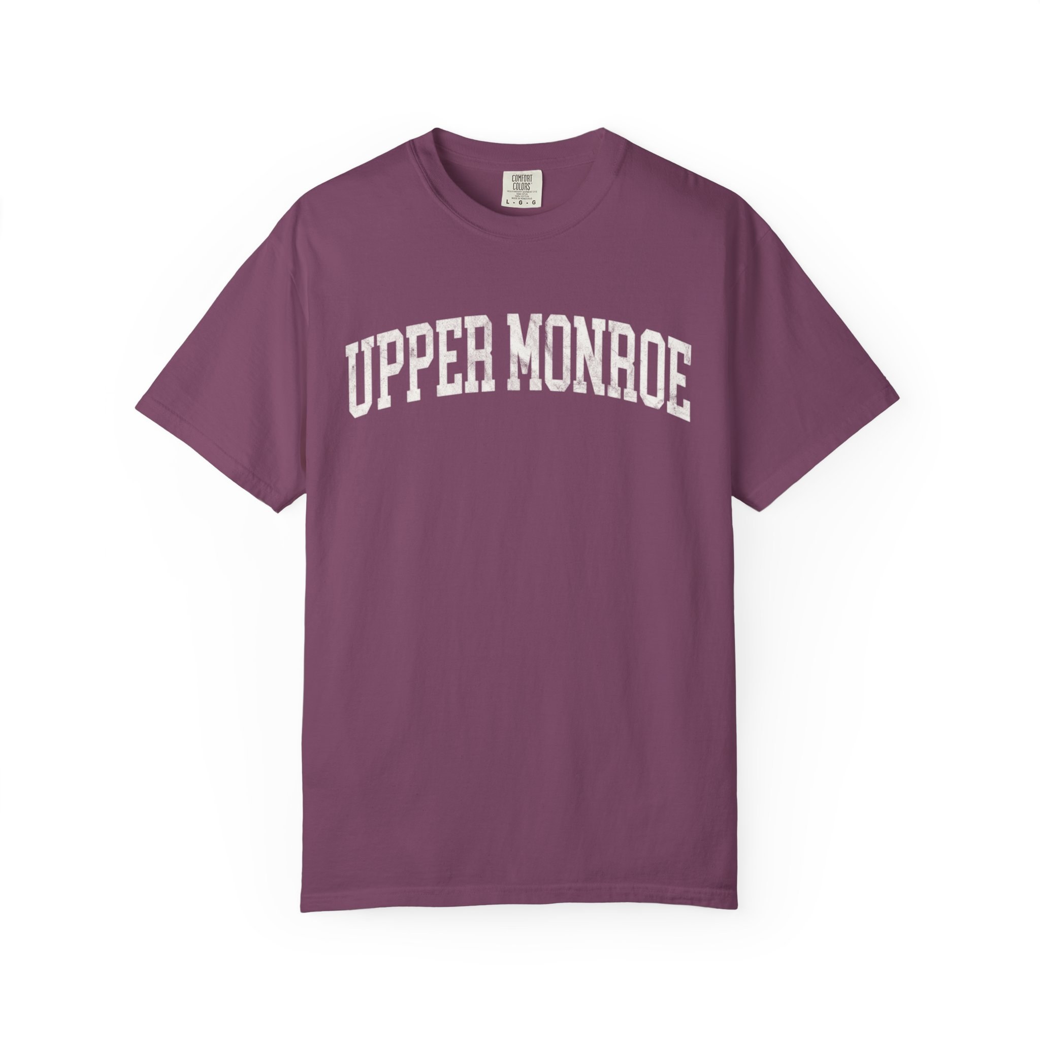 Upper Monroe Garment-Dyed Tee in Açai Berry, front — UPPER MONROE lettering