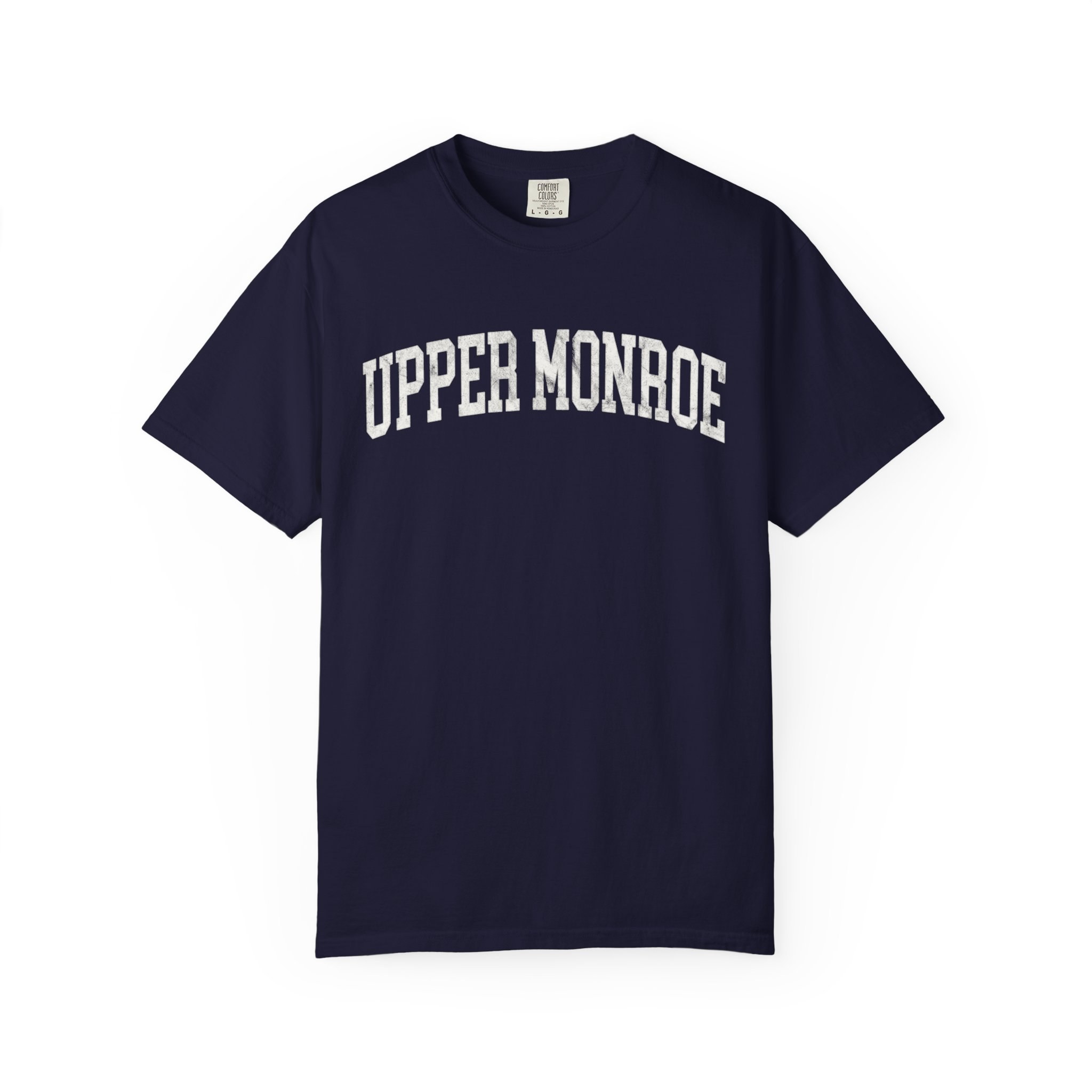 Upper Monroe Garment-Dyed Tee in Boathouse Blue, front — UPPER MONROE lettering