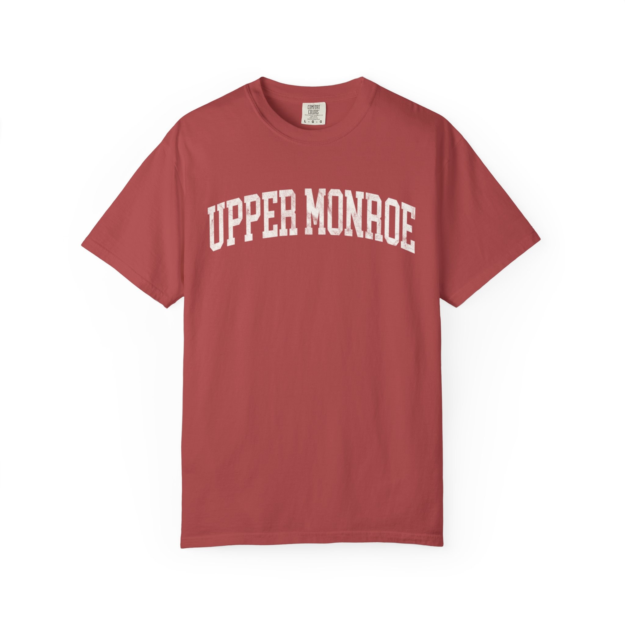 Upper Monroe Garment-Dyed Tee in Collegiate Crimson, front — UPPER MONROE lettering