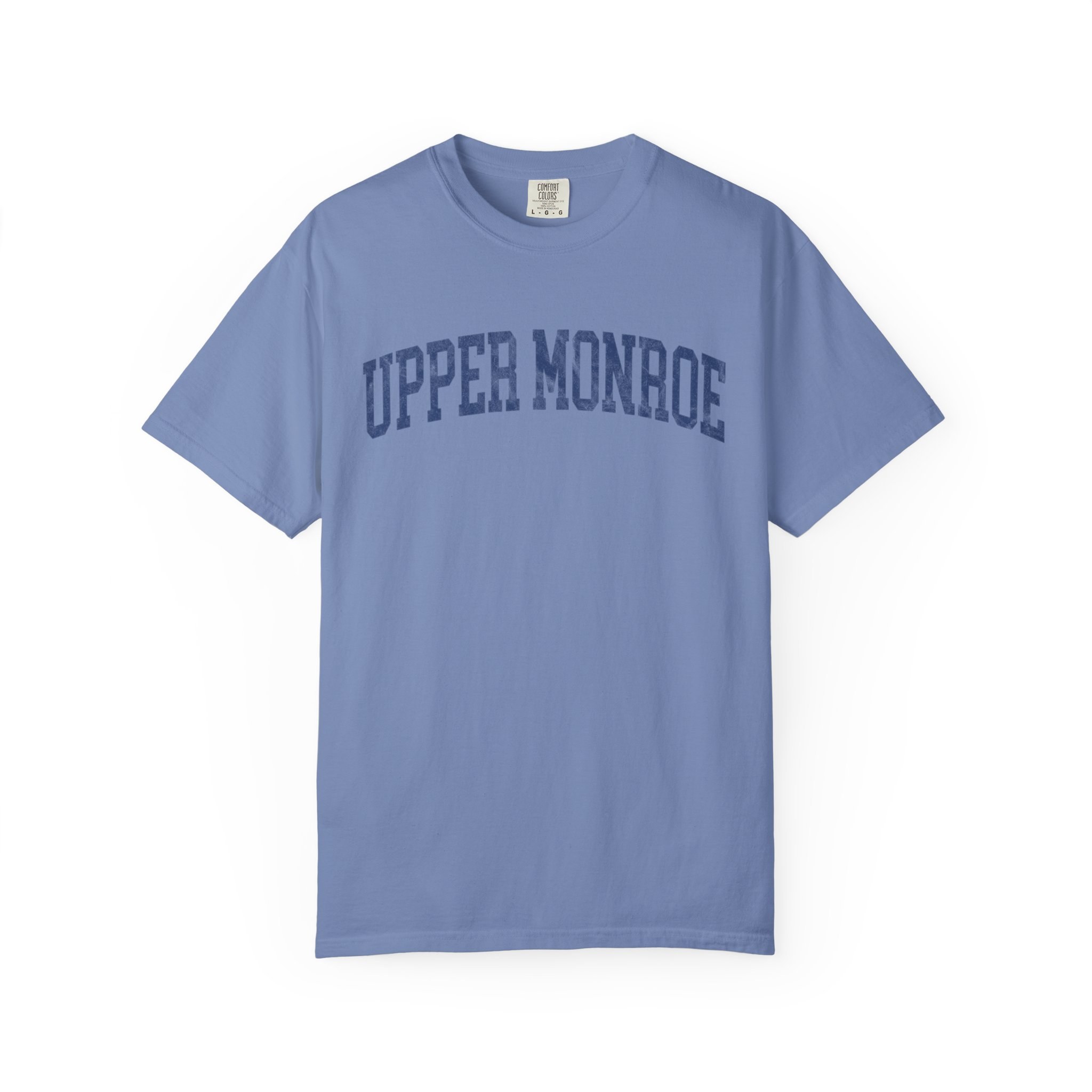 Upper Monroe Garment-Dyed Tee in Faded Predawn, front — UPPER MONROE lettering