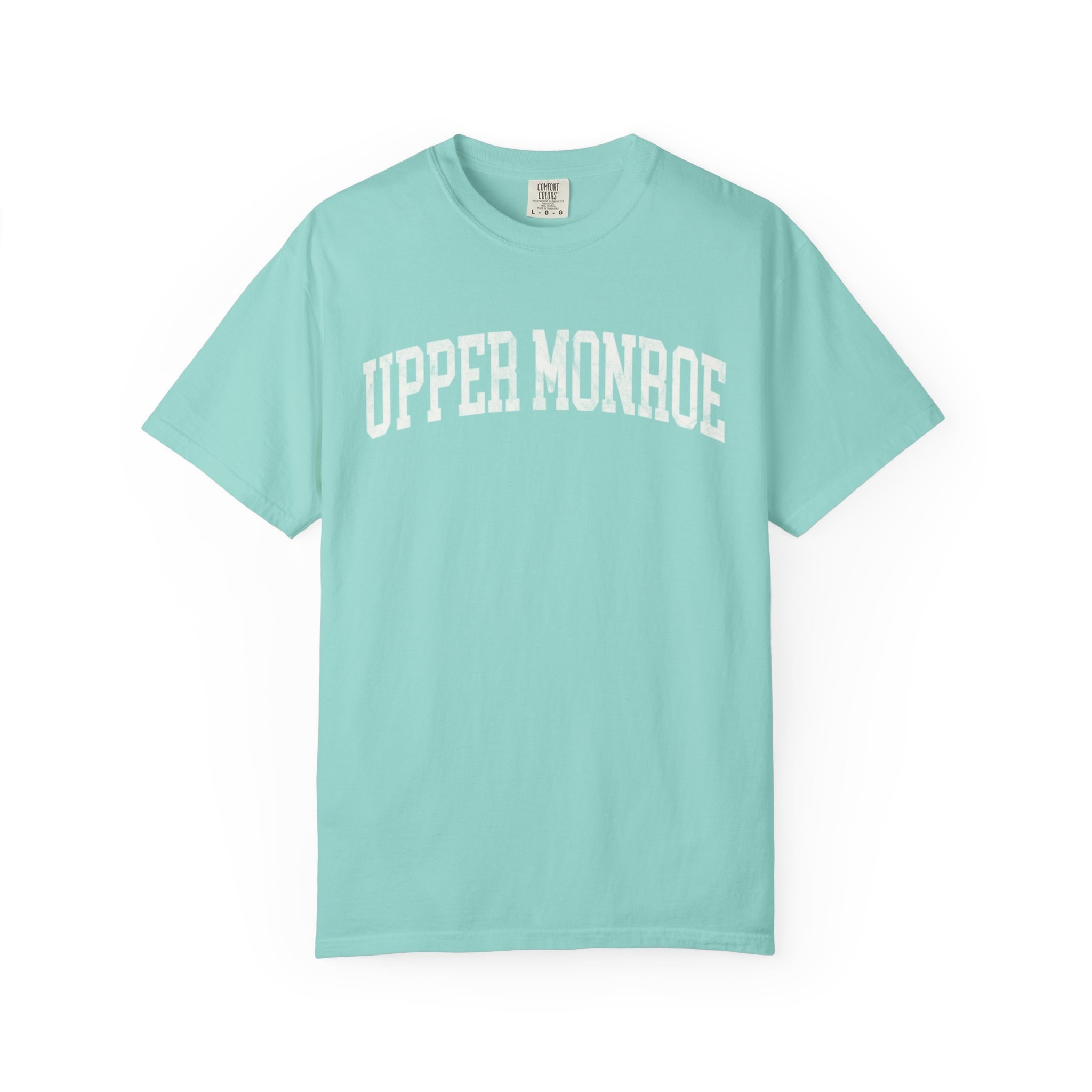 Upper Monroe Garment-Dyed Tee in Light Ice, front — UPPER MONROE lettering