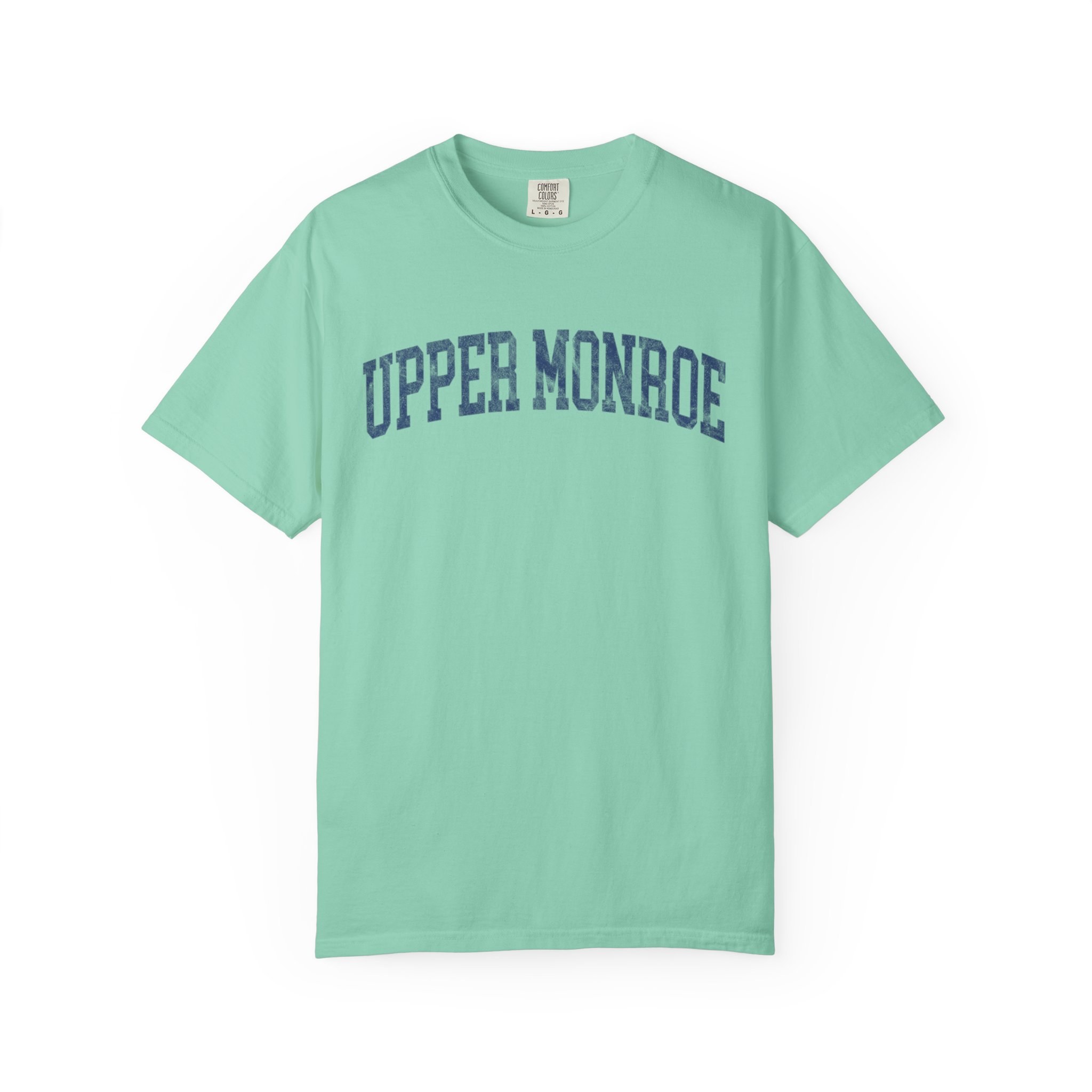 Upper Monroe Garment-Dyed Tee in Teal Good Inc, front — UPPER MONROE lettering