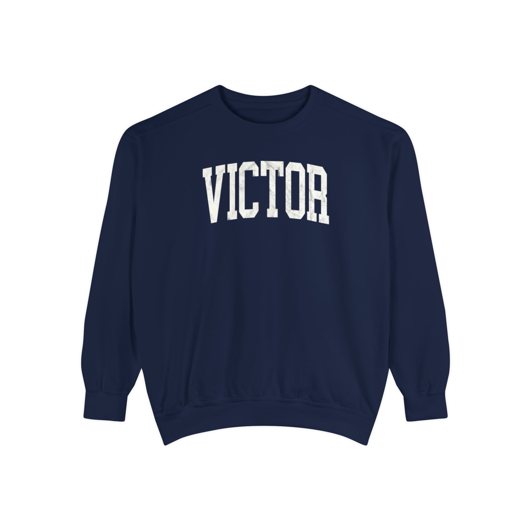 Victor Garment-Dyed Crewneck in Boathouse Blue, front — VICTOR lettering