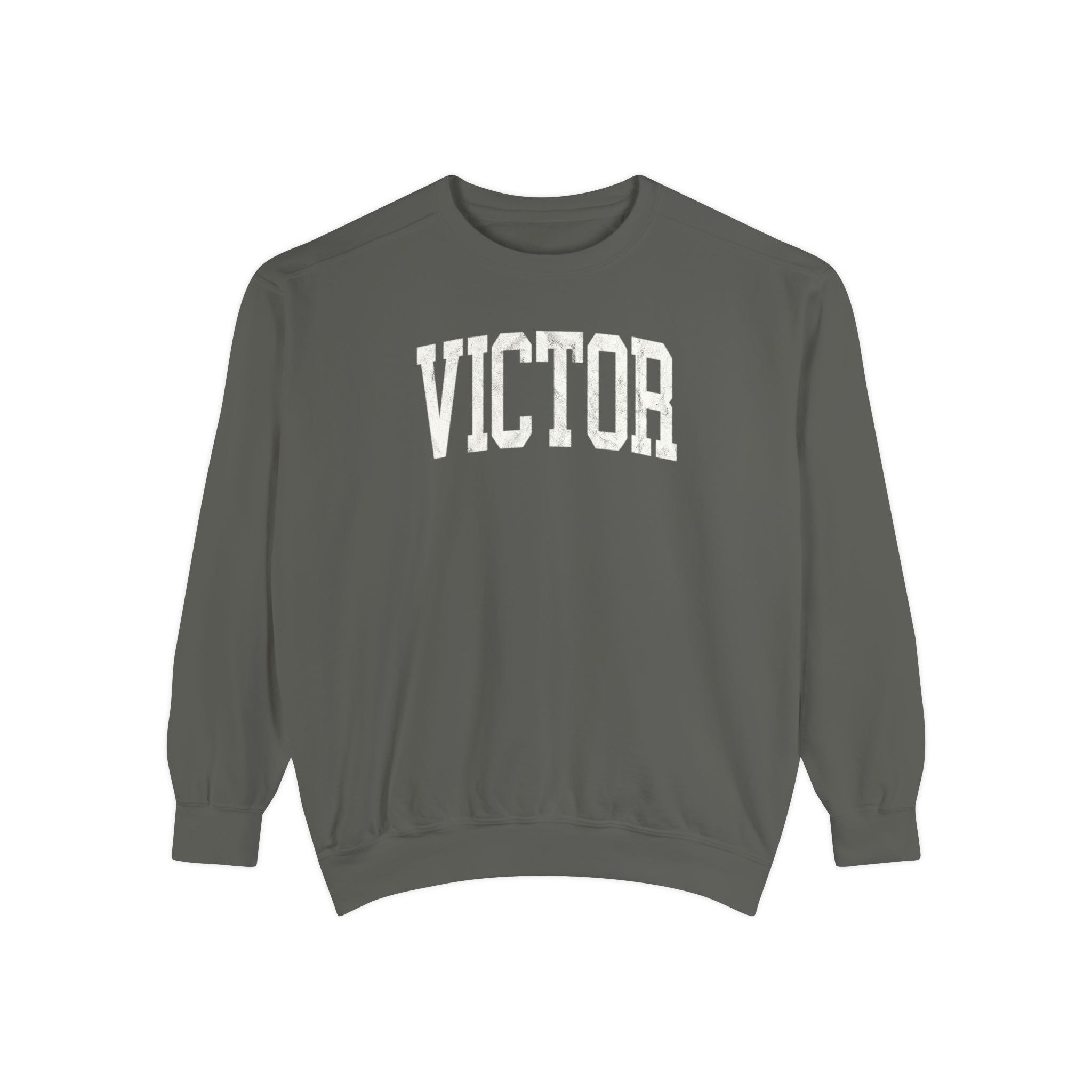 Victor Garment-Dyed Crewneck in Concrete, front — VICTOR lettering
