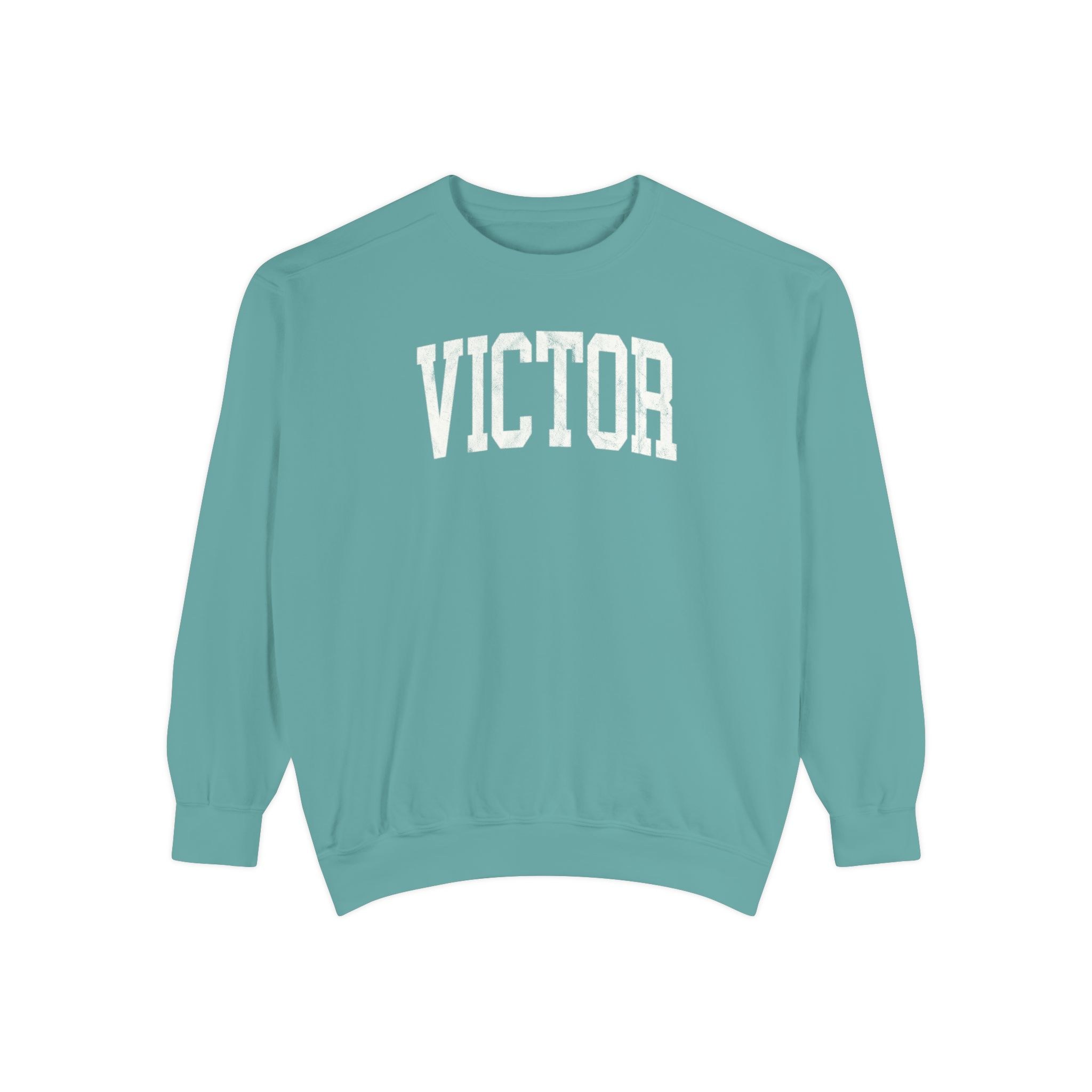 Victor Garment-Dyed Crewneck in Erie Blue, front — VICTOR lettering