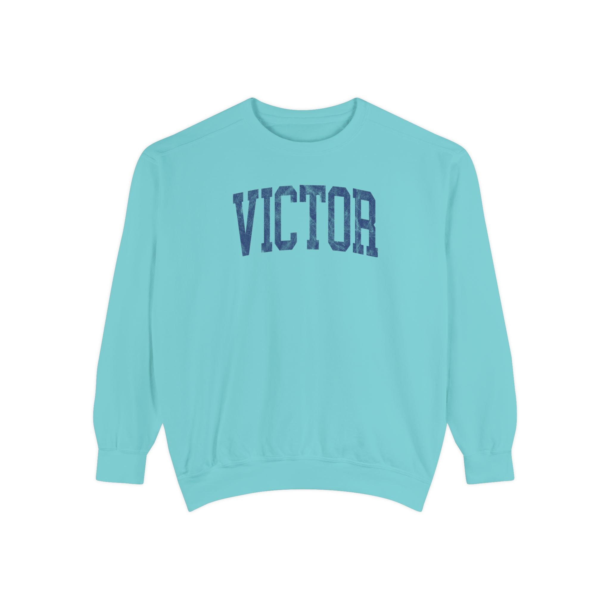 Victor Garment-Dyed Crewneck in Light Ice, front — VICTOR lettering