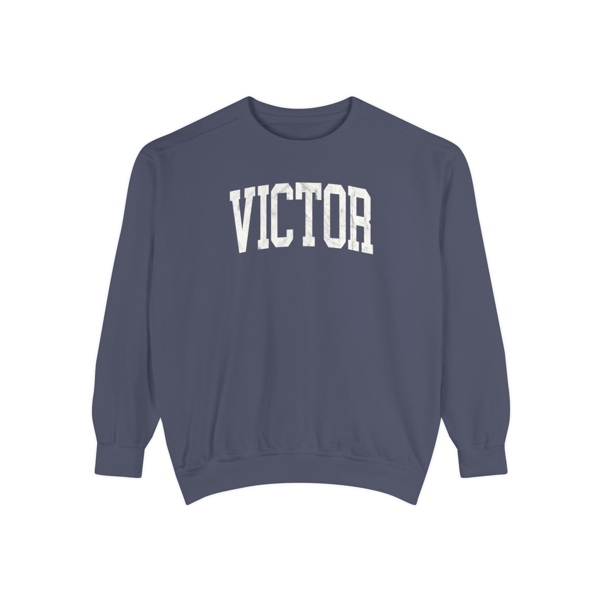 Victor Garment-Dyed Crewneck in Predawn, front — VICTOR lettering