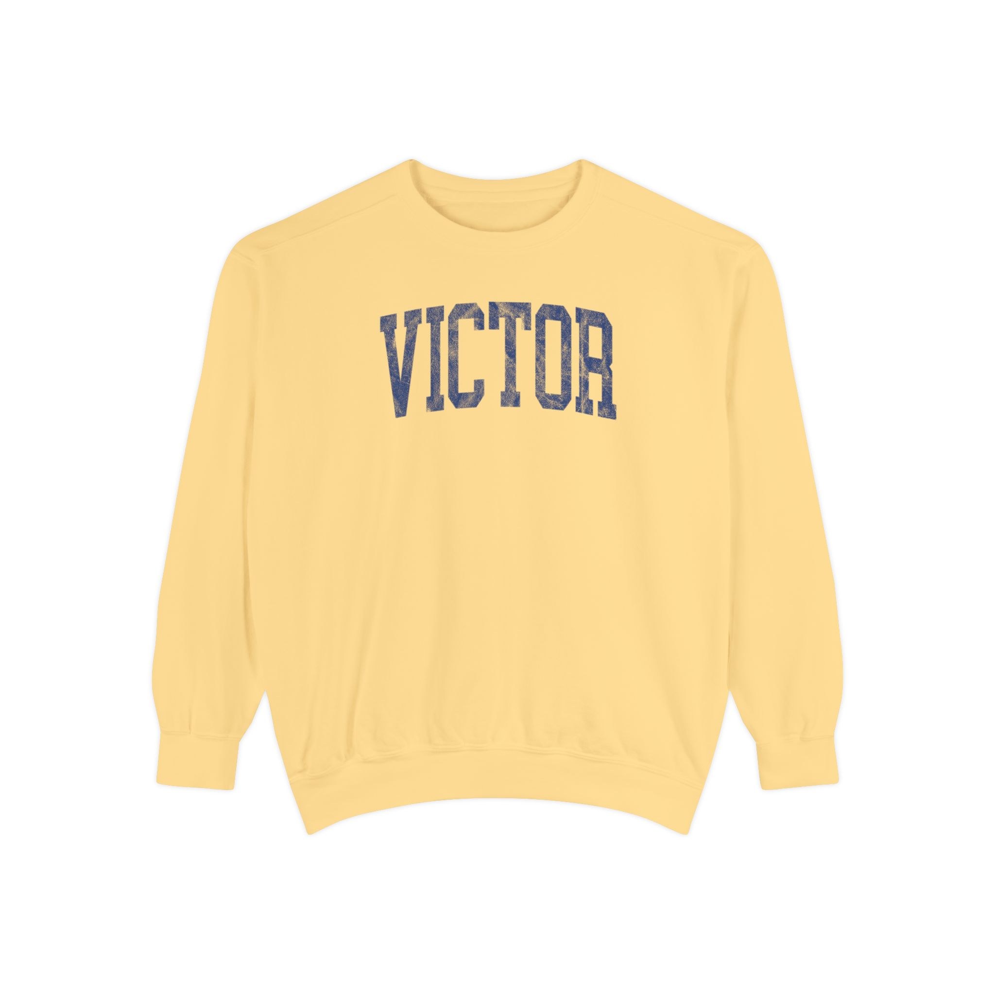 Victor Garment-Dyed Crewneck in Unsalted, front — VICTOR lettering
