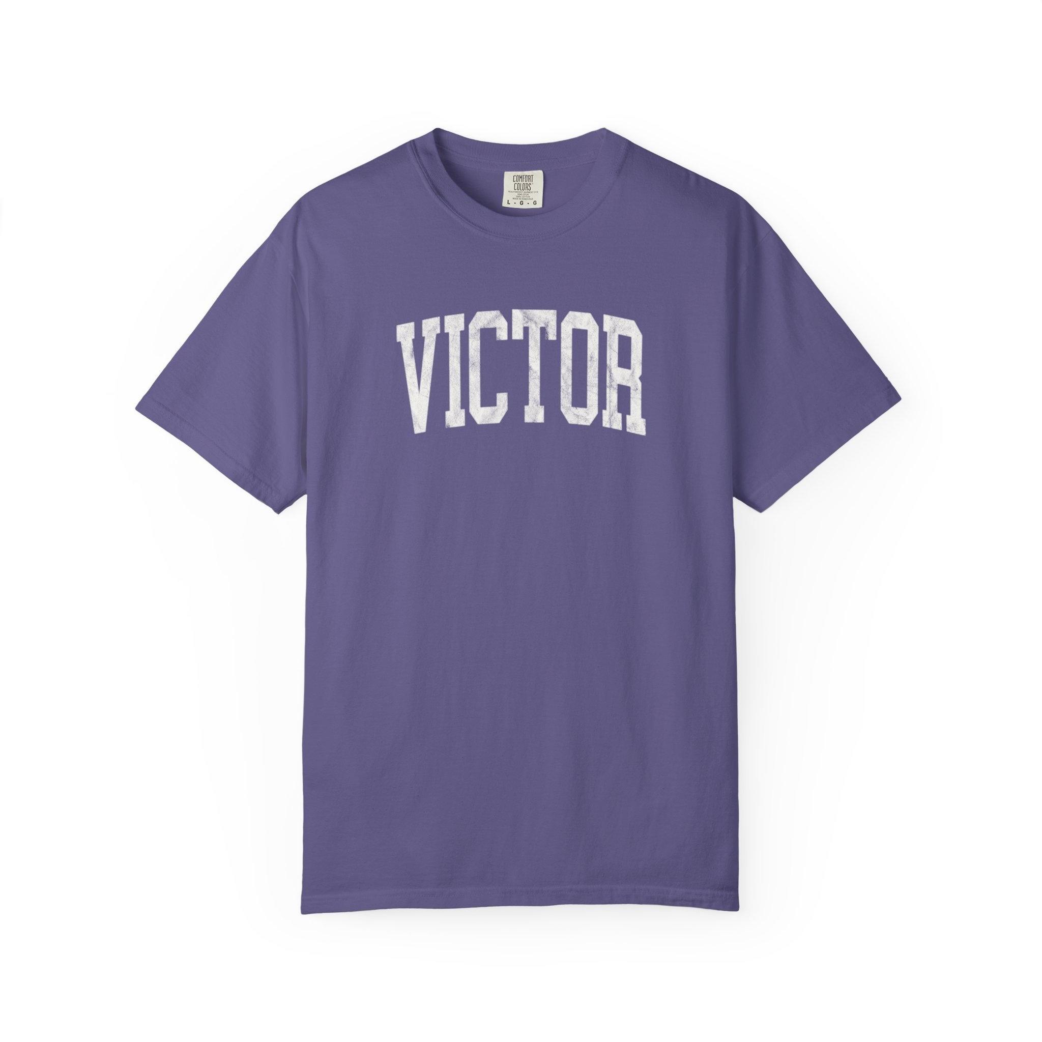 Victor Garment-Dyed Tee in Beauregarde Violet, front — VICTOR lettering