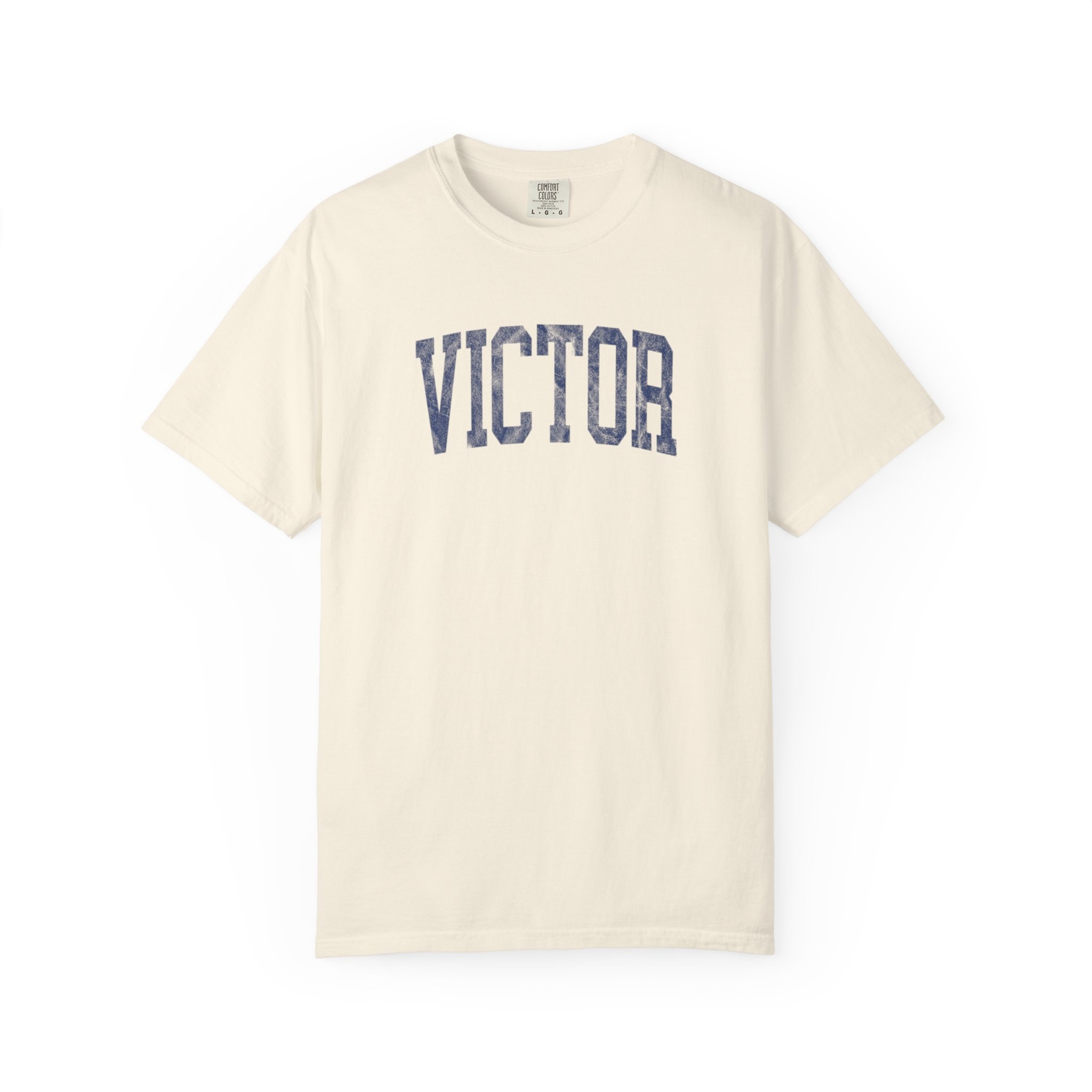Victor Garment-Dyed Tee in Crème Fraîche, front — VICTOR lettering