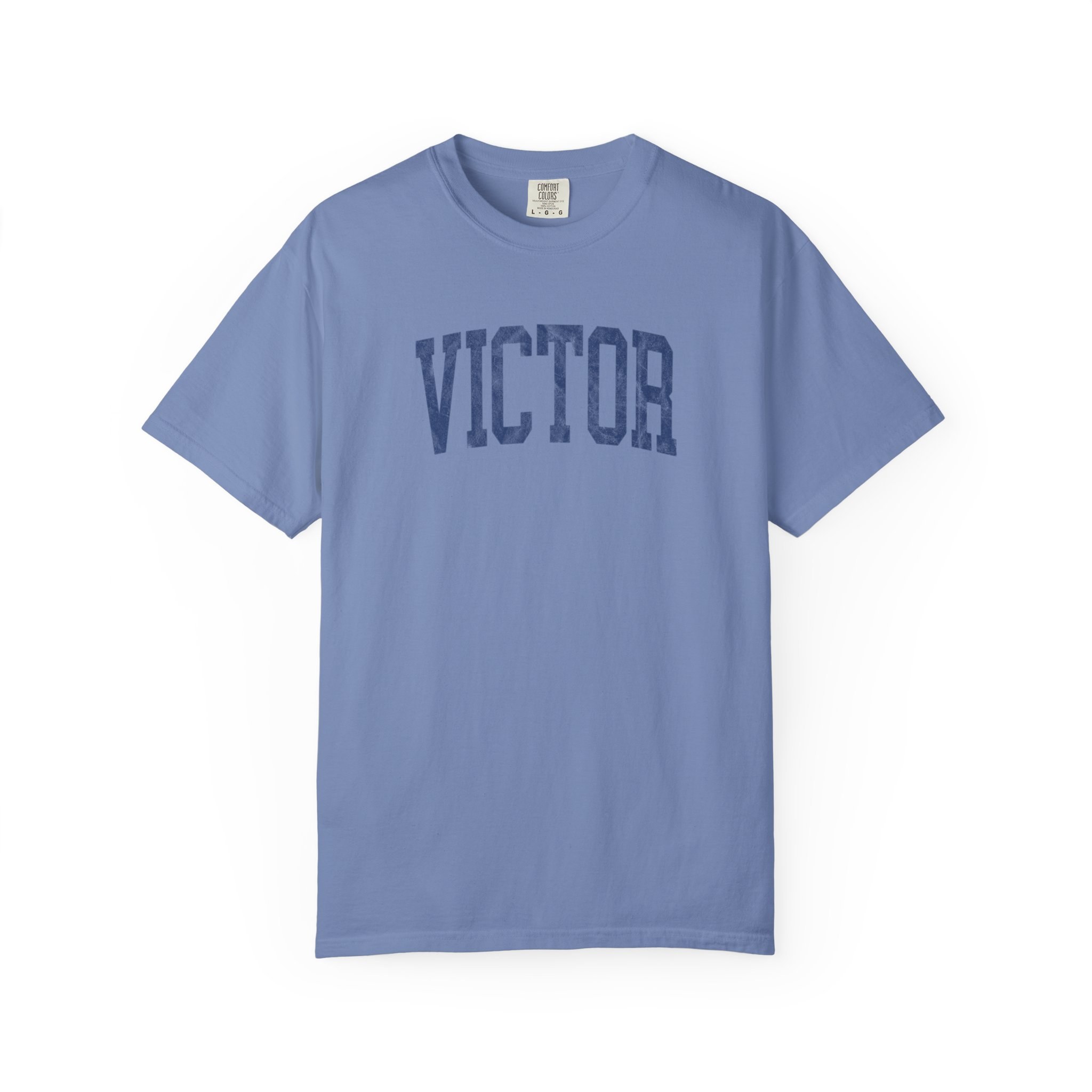 Victor Garment-Dyed Tee in Faded Predawn, front — VICTOR lettering