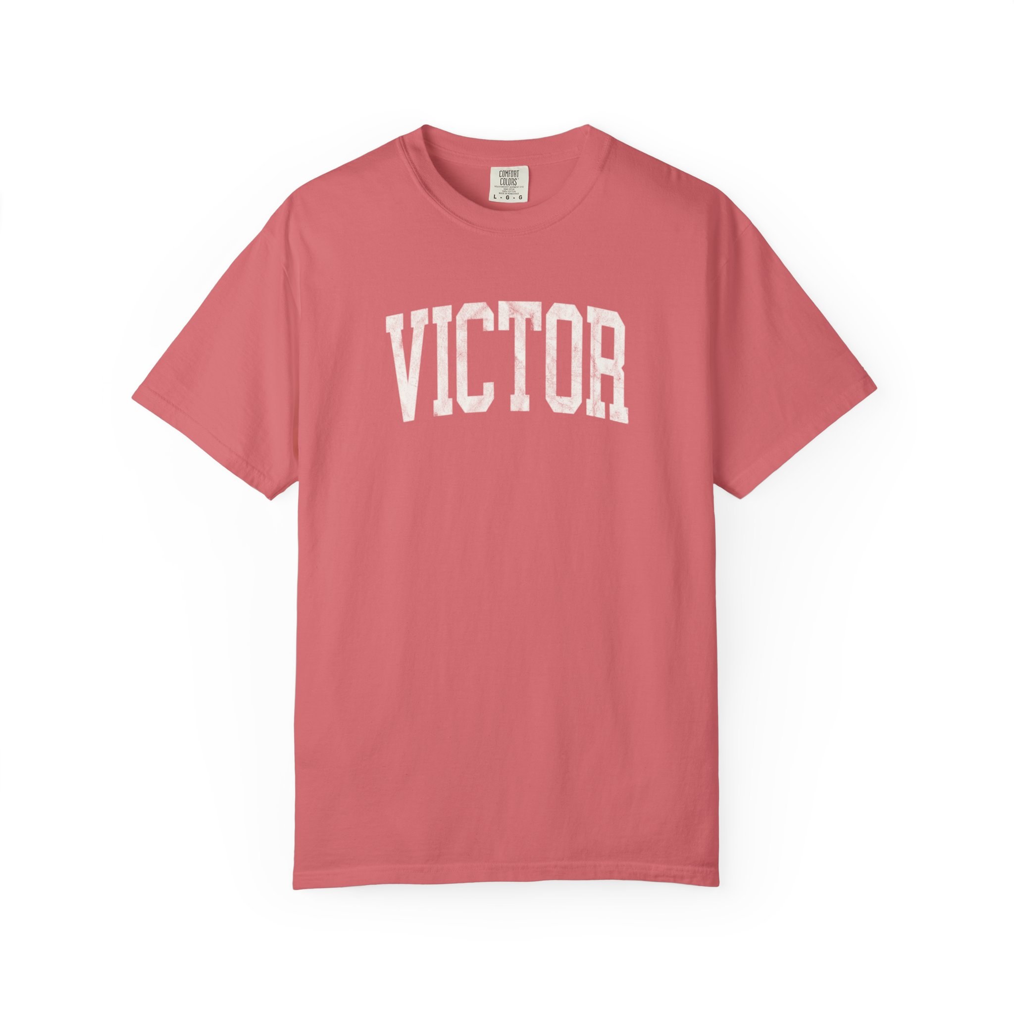 Victor Garment-Dyed Tee in Strawberry Cloud, front — VICTOR lettering