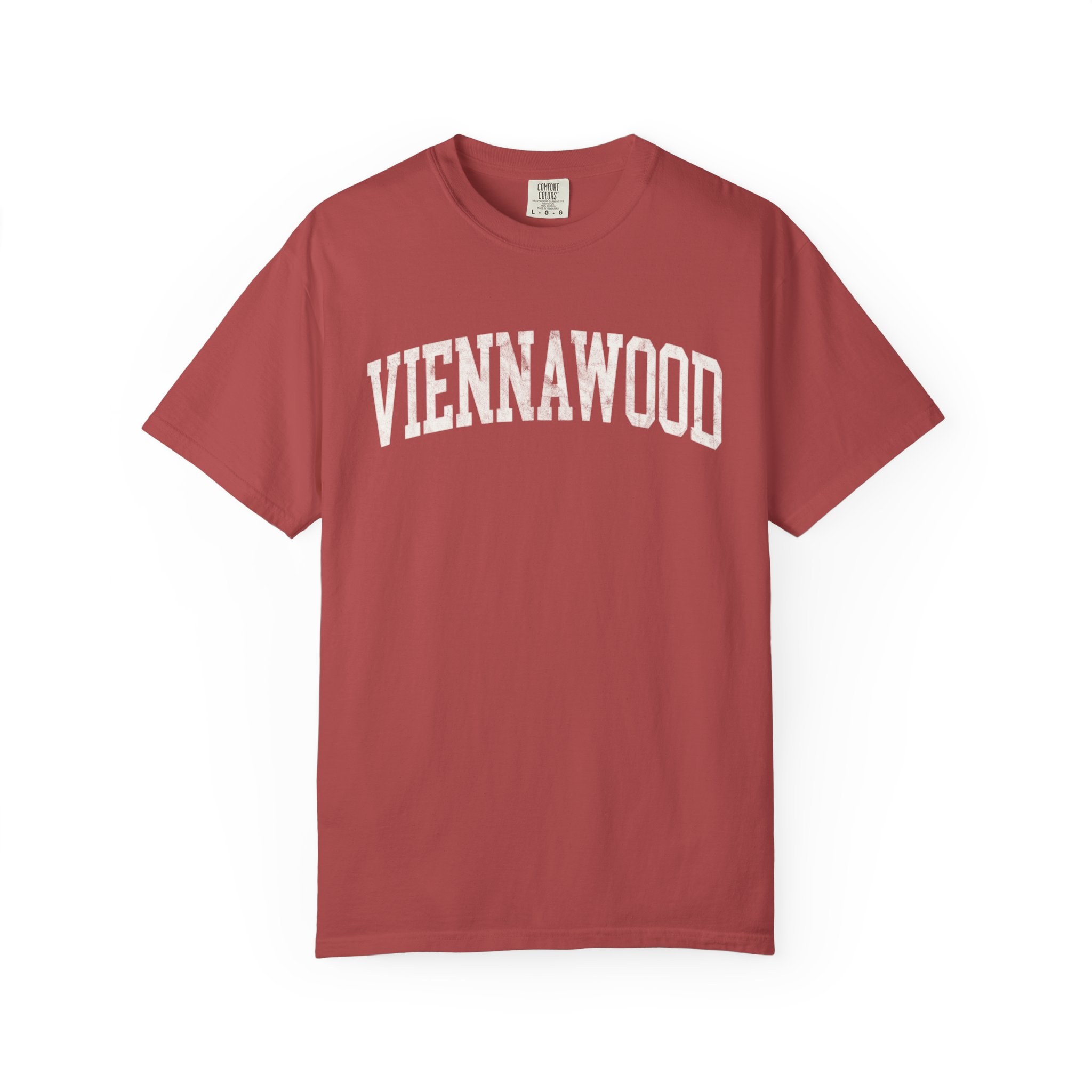 Viennawood Garment-Dyed Tee in Collegiate Crimson, front — VIENNAWOOD lettering