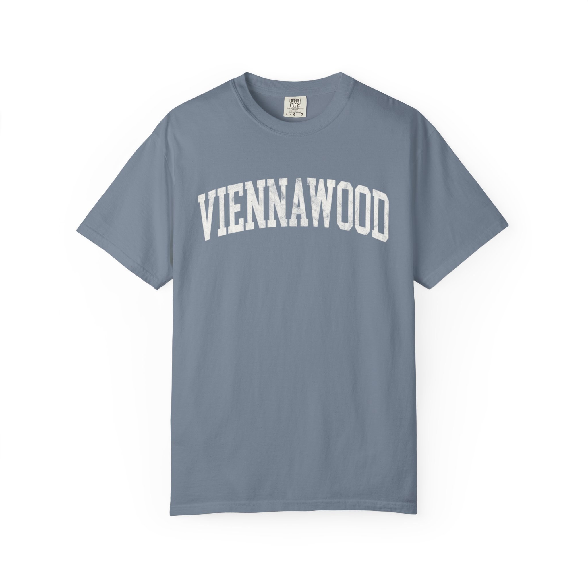 Viennawood Garment-Dyed Tee in Samantha Blue, front — VIENNAWOOD lettering