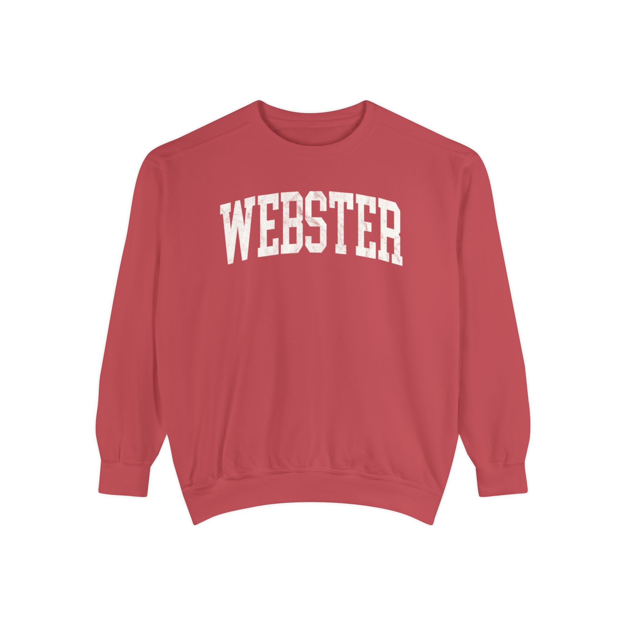 Webster Garment-Dyed Crewneck in Collegiate Crimson, front — WEBSTER lettering