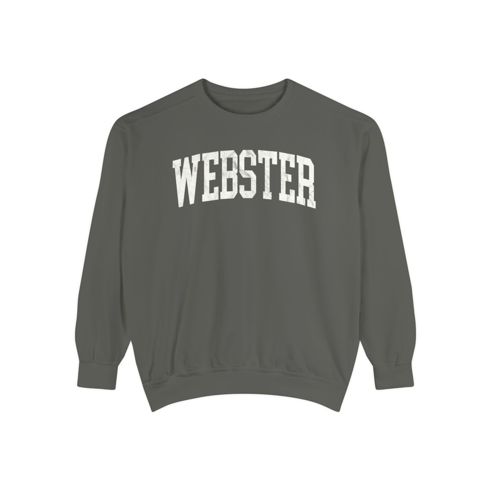 Webster Garment-Dyed Crewneck in Concrete, front — WEBSTER lettering