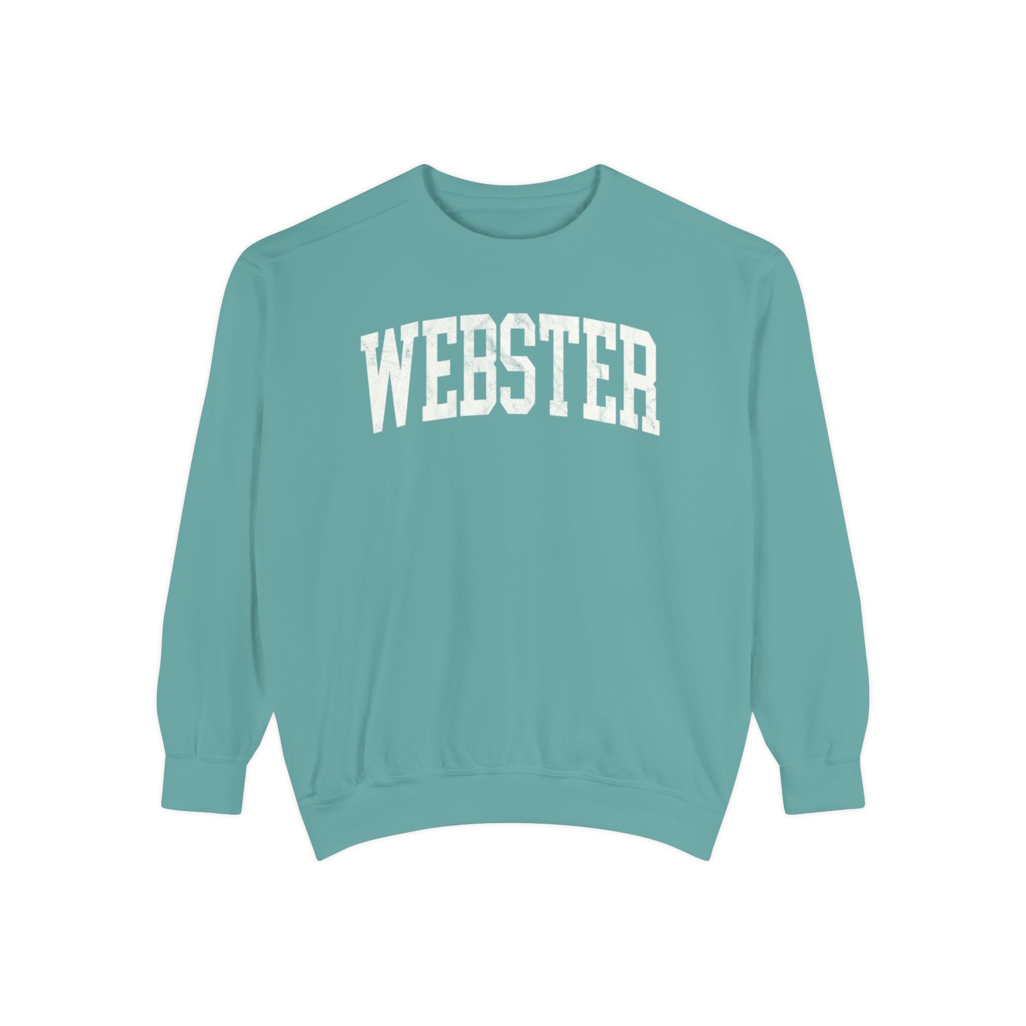 Webster Garment-Dyed Crewneck in Erie Blue, front — WEBSTER lettering