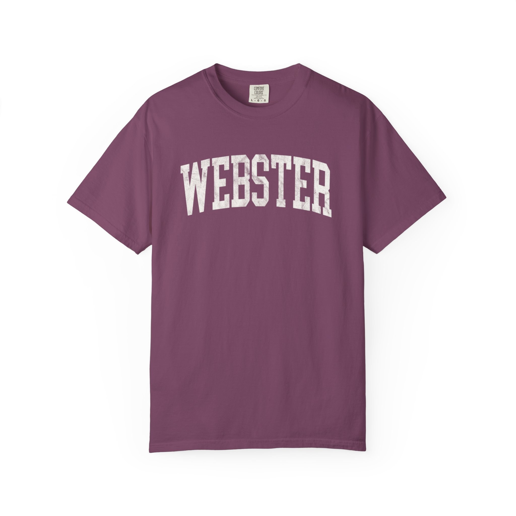 Webster Garment-Dyed Tee in Açai Berry, front — WEBSTER lettering