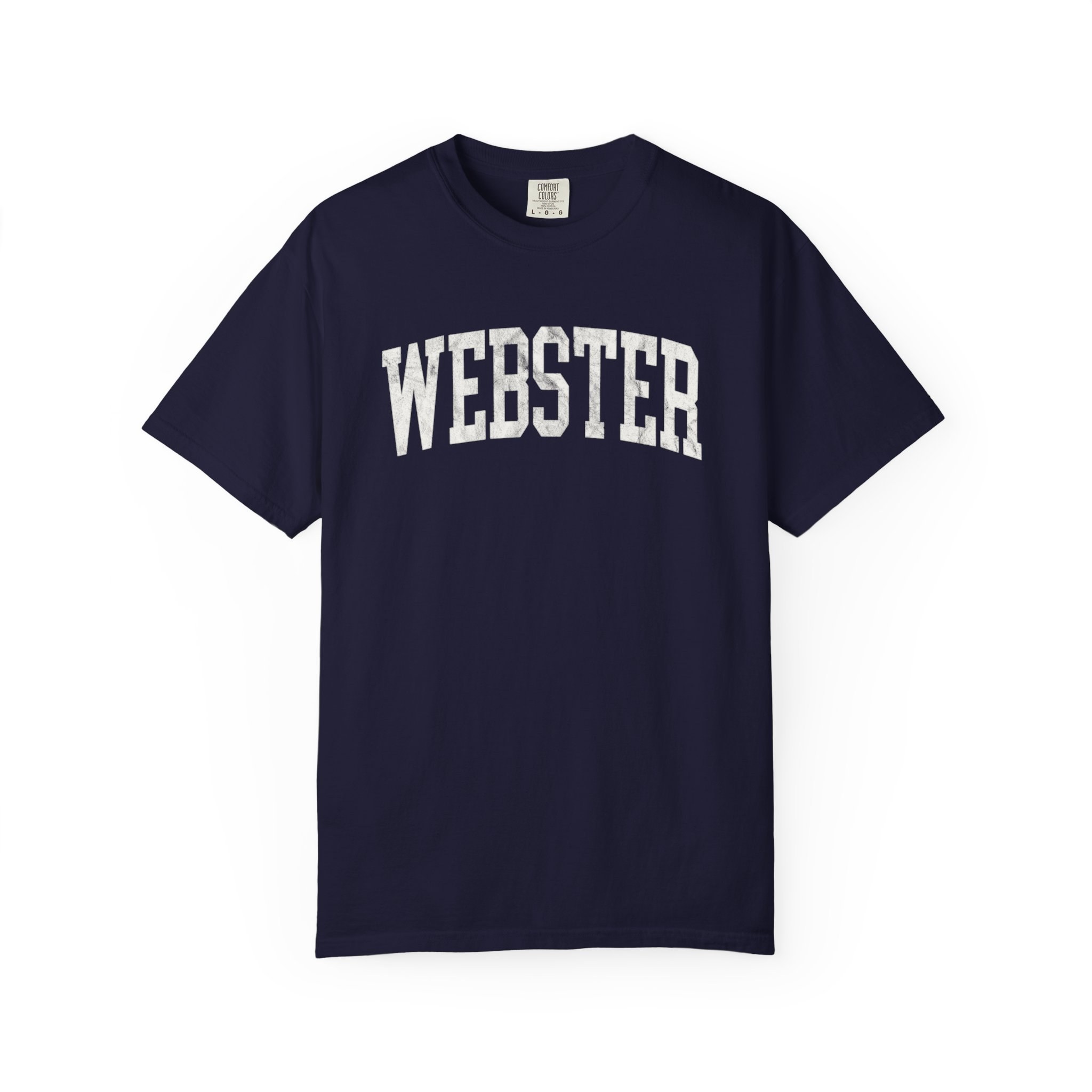 Webster Garment-Dyed Tee in Boathouse Blue, front — WEBSTER lettering