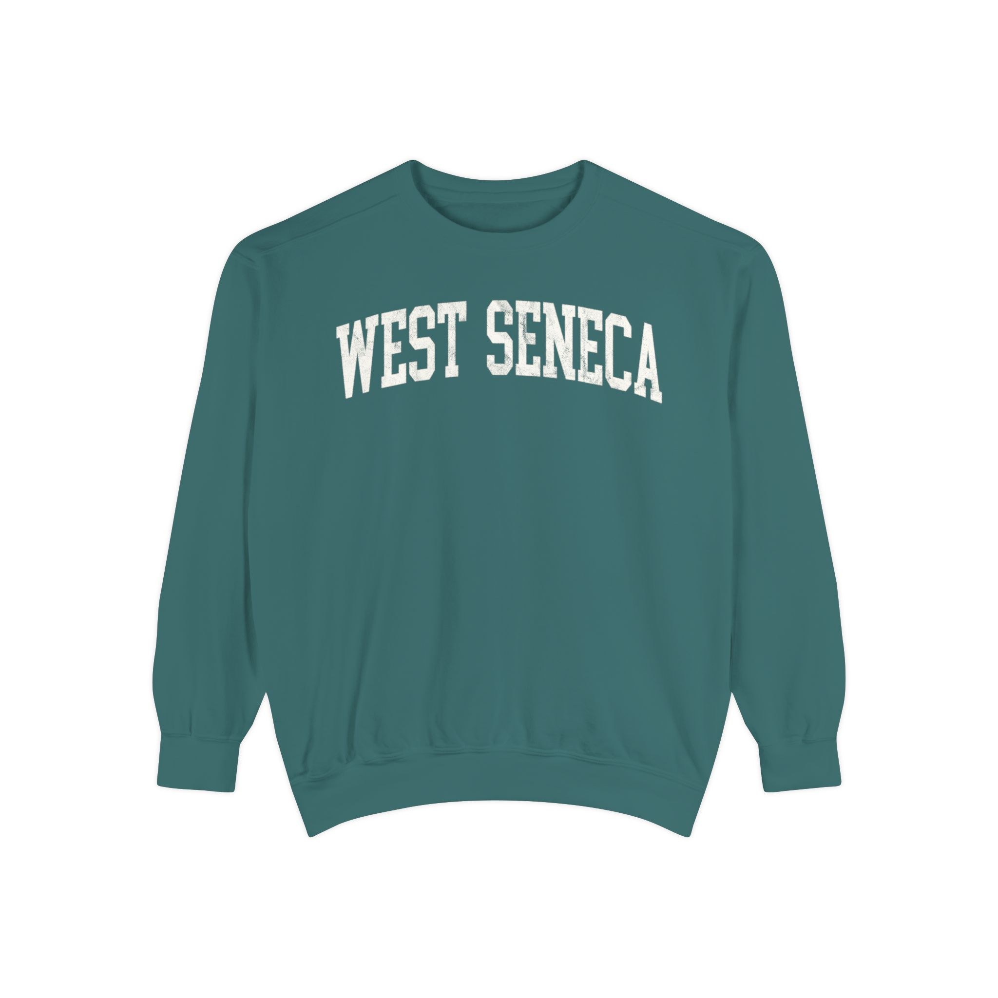 West Seneca Garment-Dyed Crewneck in Blue Spruce, front — WEST SENECA lettering