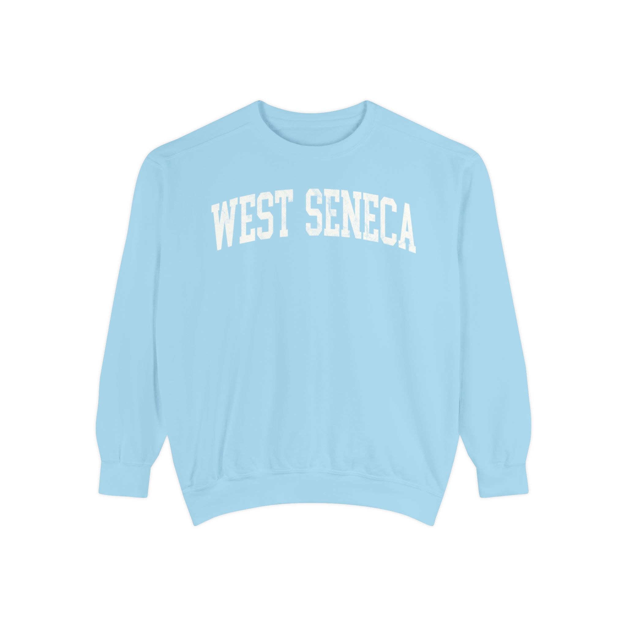West Seneca Garment-Dyed Crewneck in Blueberry Milk, front — WEST SENECA lettering