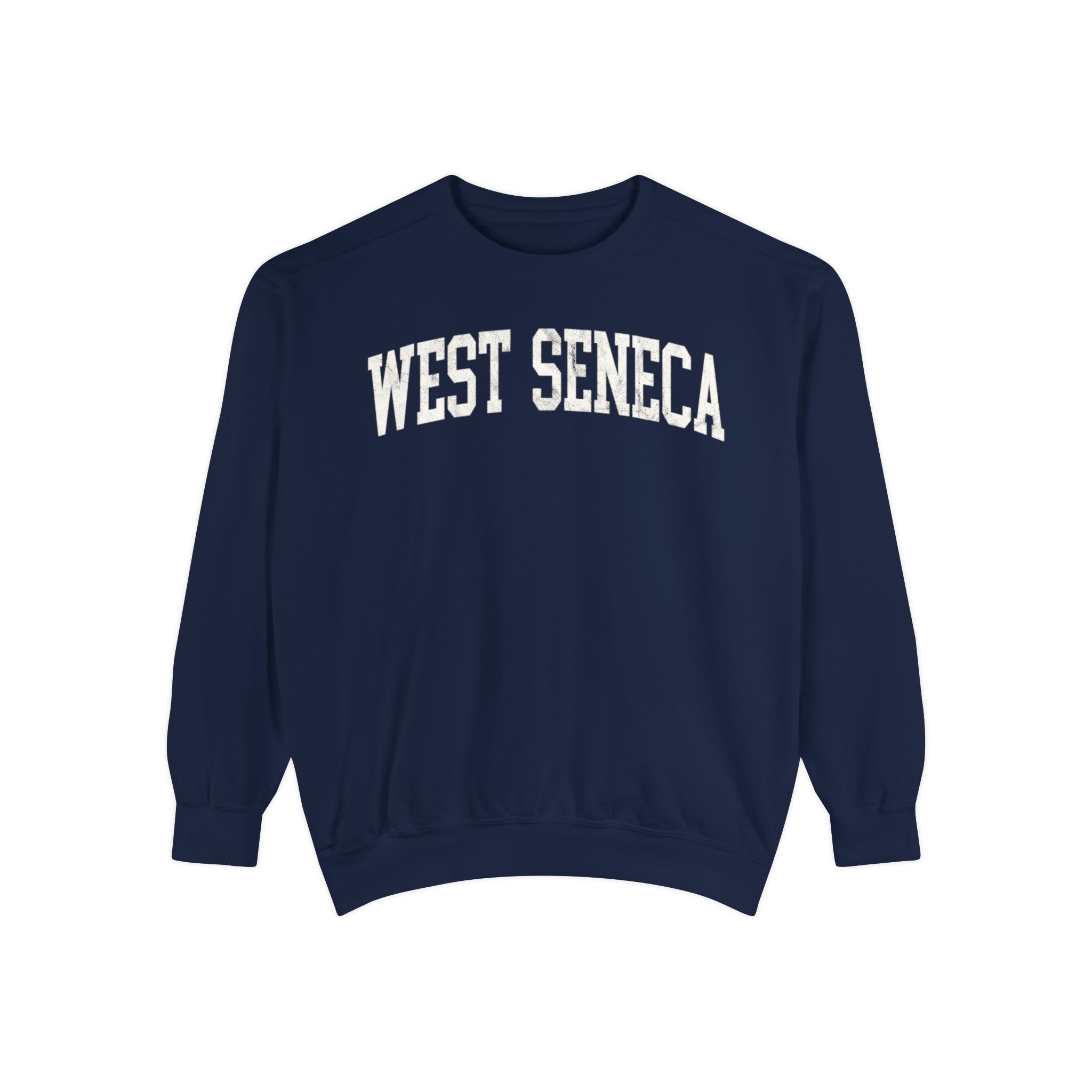 West Seneca Garment-Dyed Crewneck in Boathouse Blue, front — WEST SENECA lettering