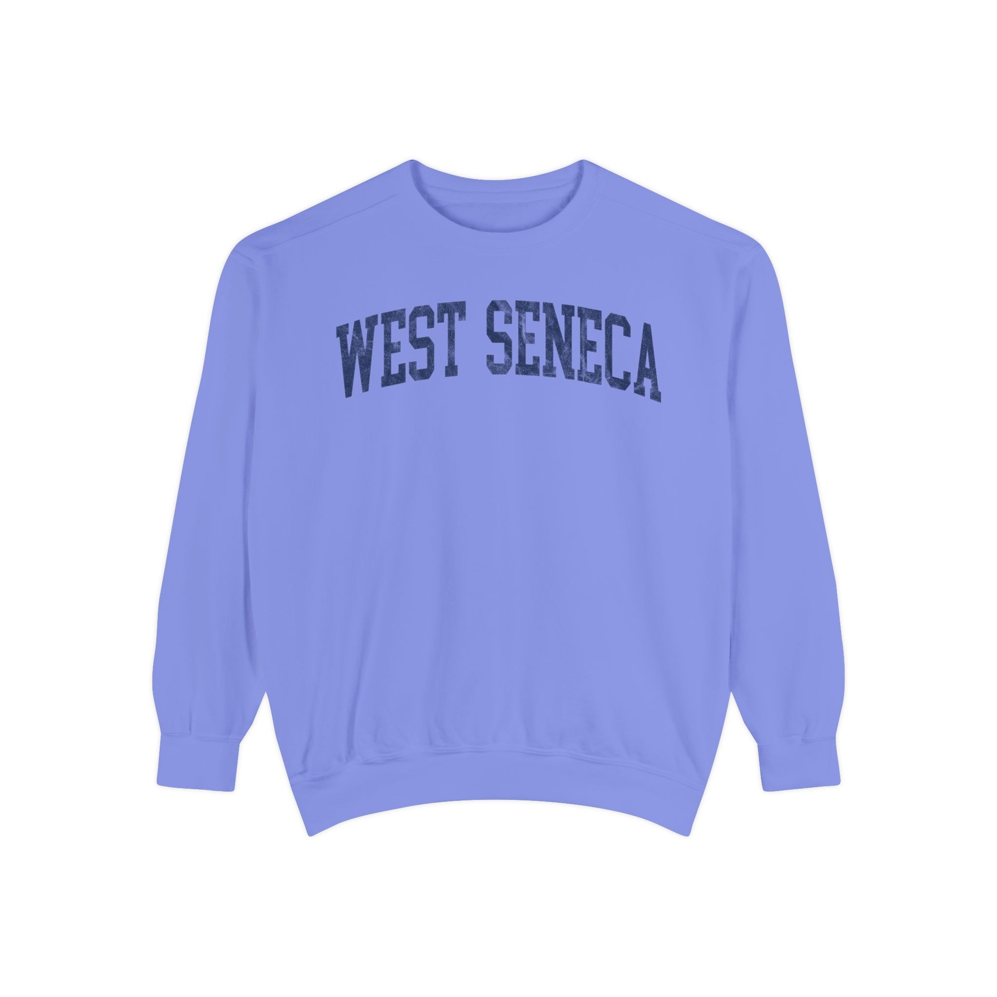 West Seneca Garment-Dyed Crewneck in Conesus Blue, front — WEST SENECA lettering