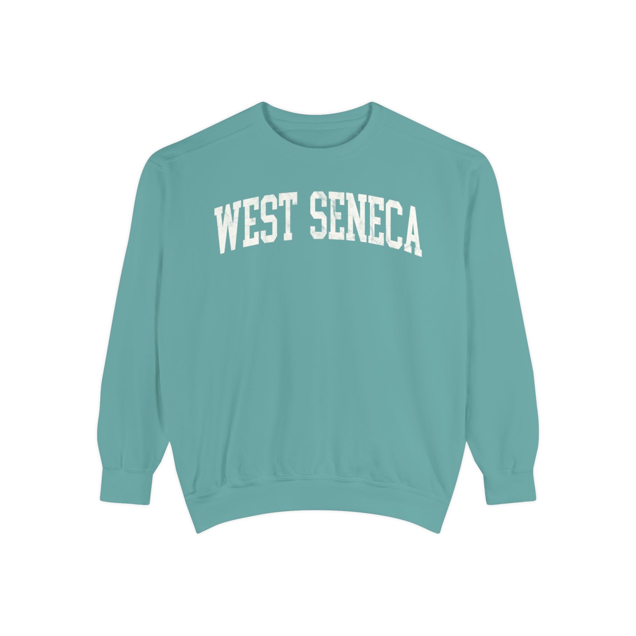 West Seneca Garment-Dyed Crewneck in Erie Blue, front — WEST SENECA lettering