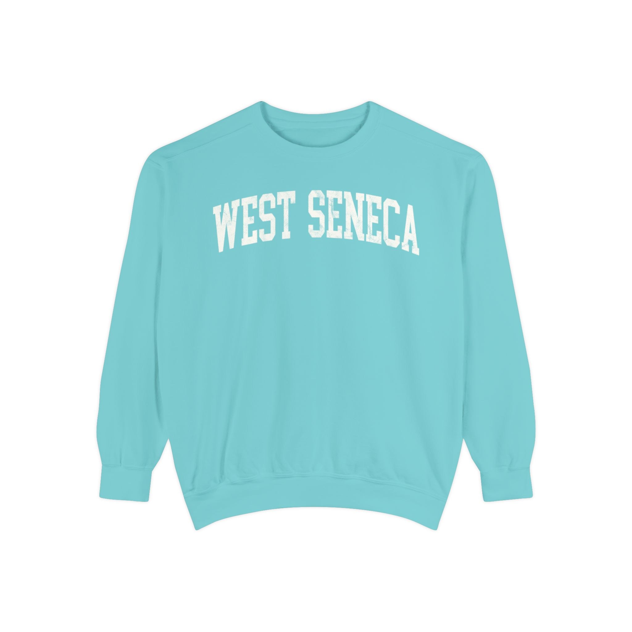 West Seneca Garment-Dyed Crewneck in Light Ice, front — WEST SENECA lettering