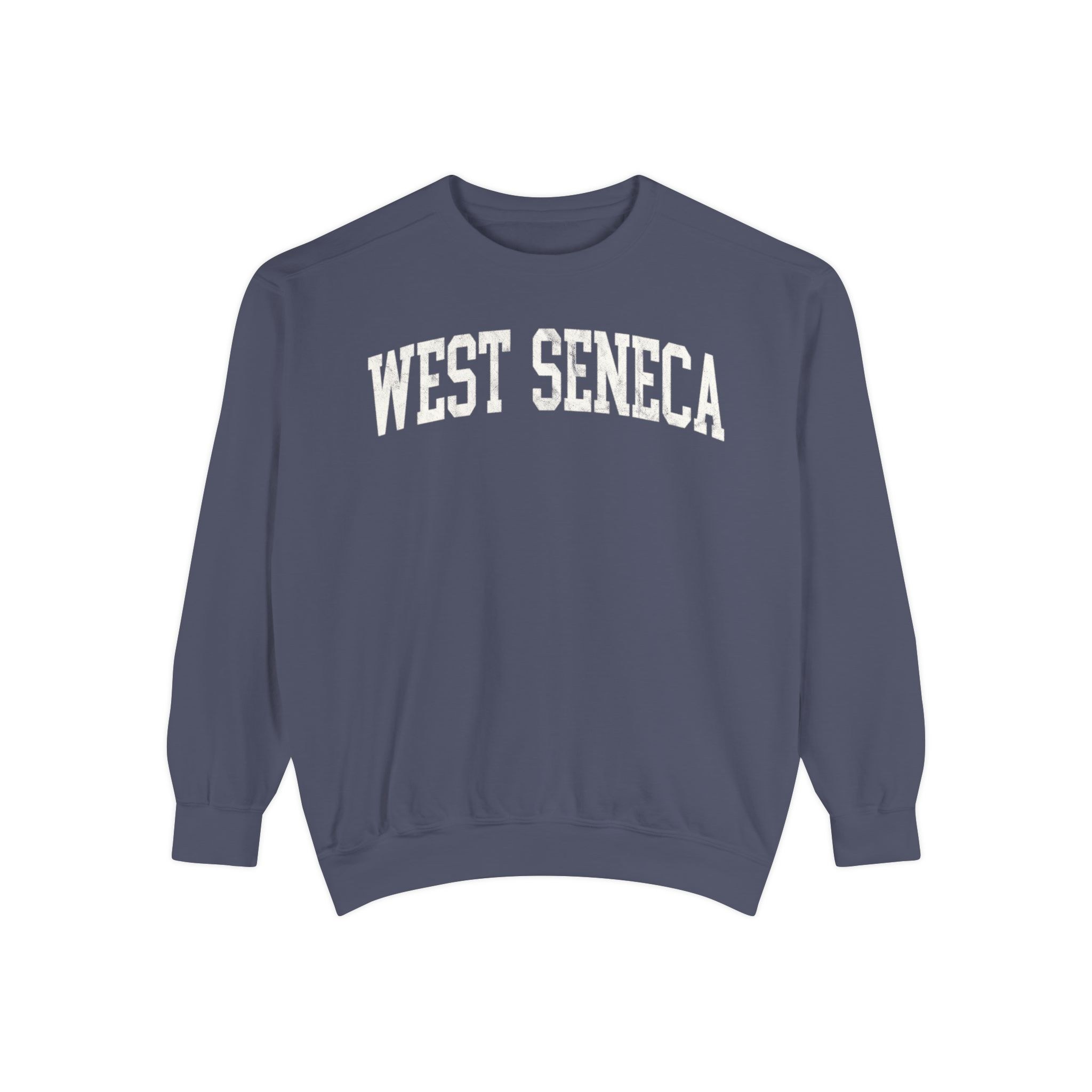 West Seneca Garment-Dyed Crewneck in Predawn, front — WEST SENECA lettering