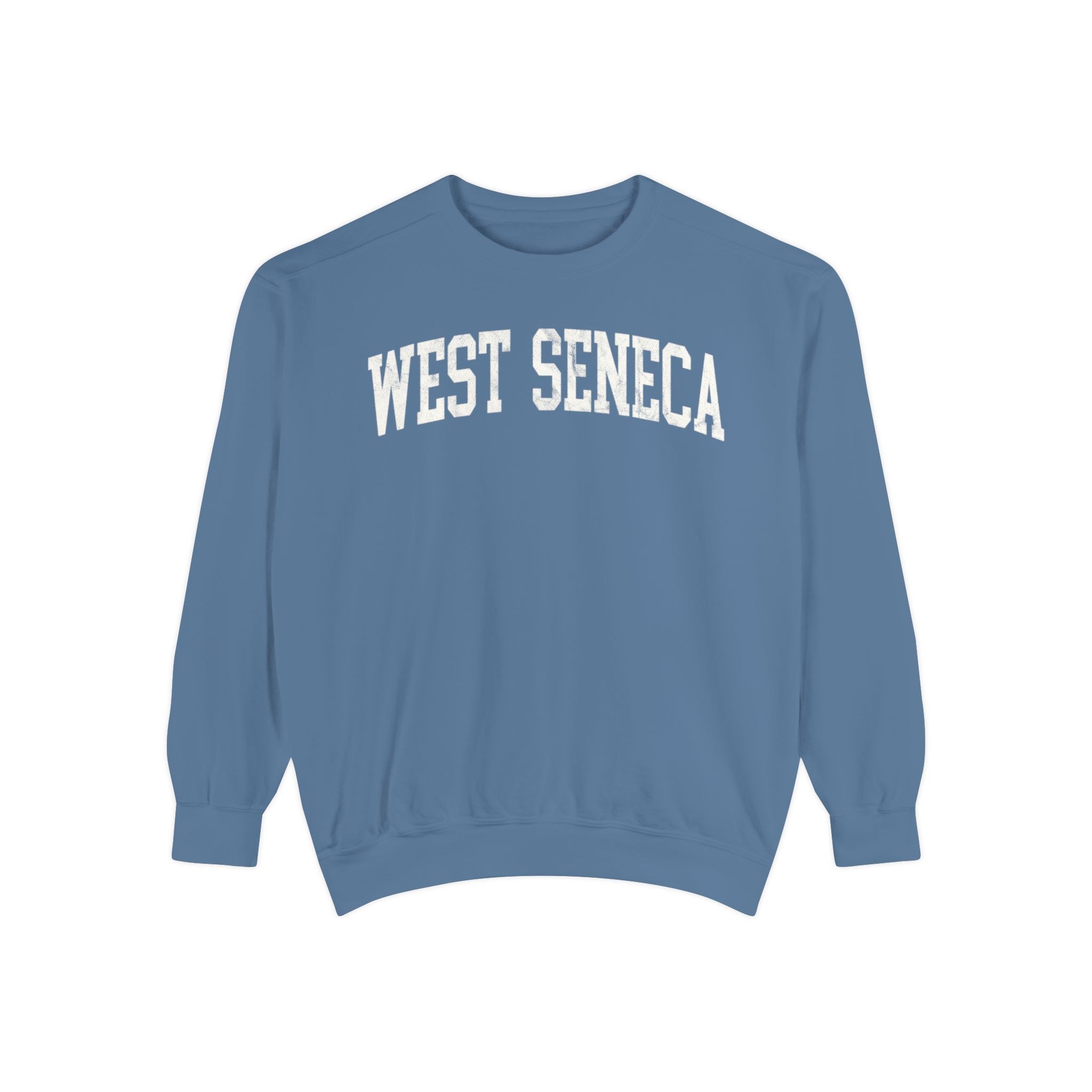 West Seneca Garment-Dyed Crewneck in Samantha Blue, front — WEST SENECA lettering