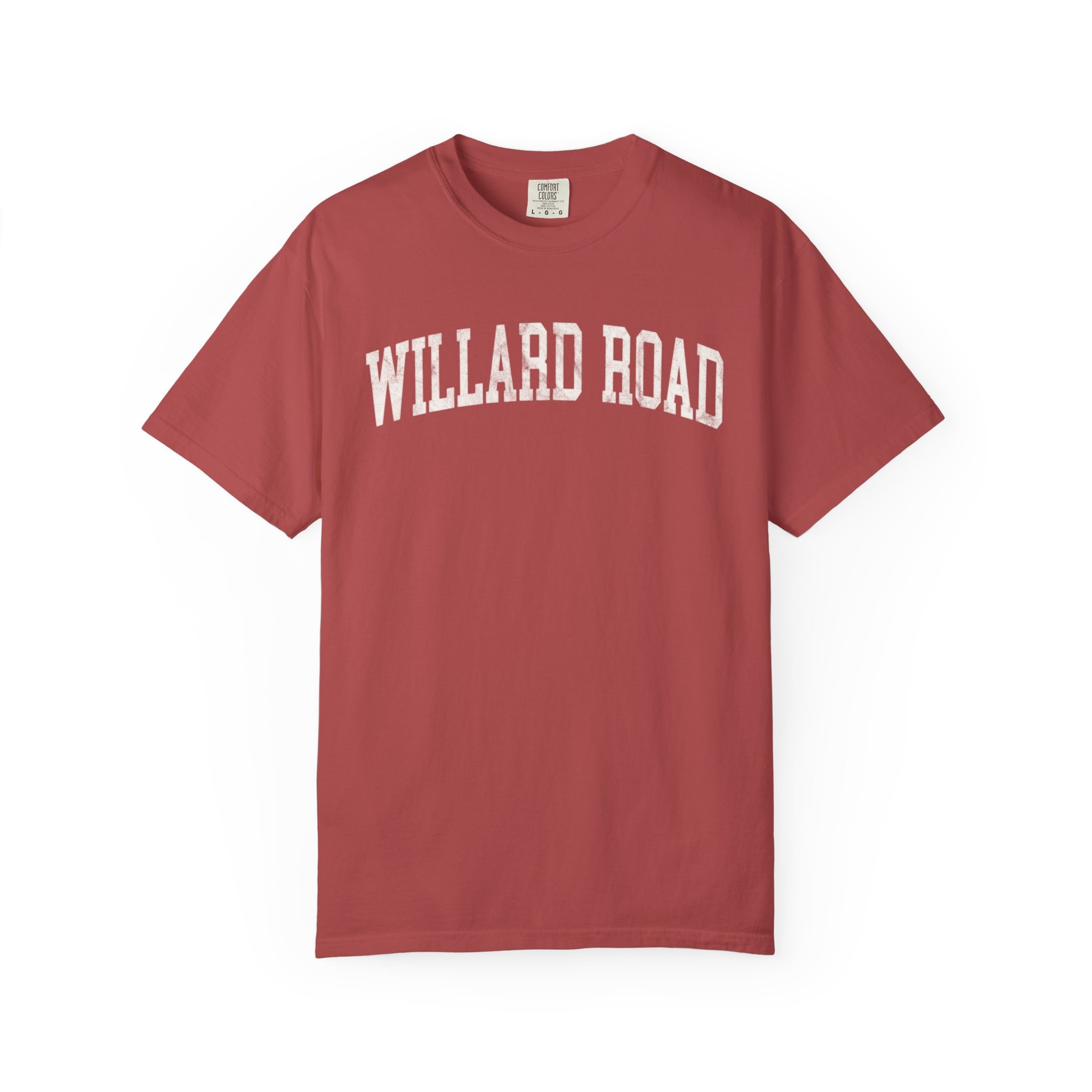 Willard Road Garment-Dyed Tee in Collegiate Crimson, front — WILLARD ROAD lettering