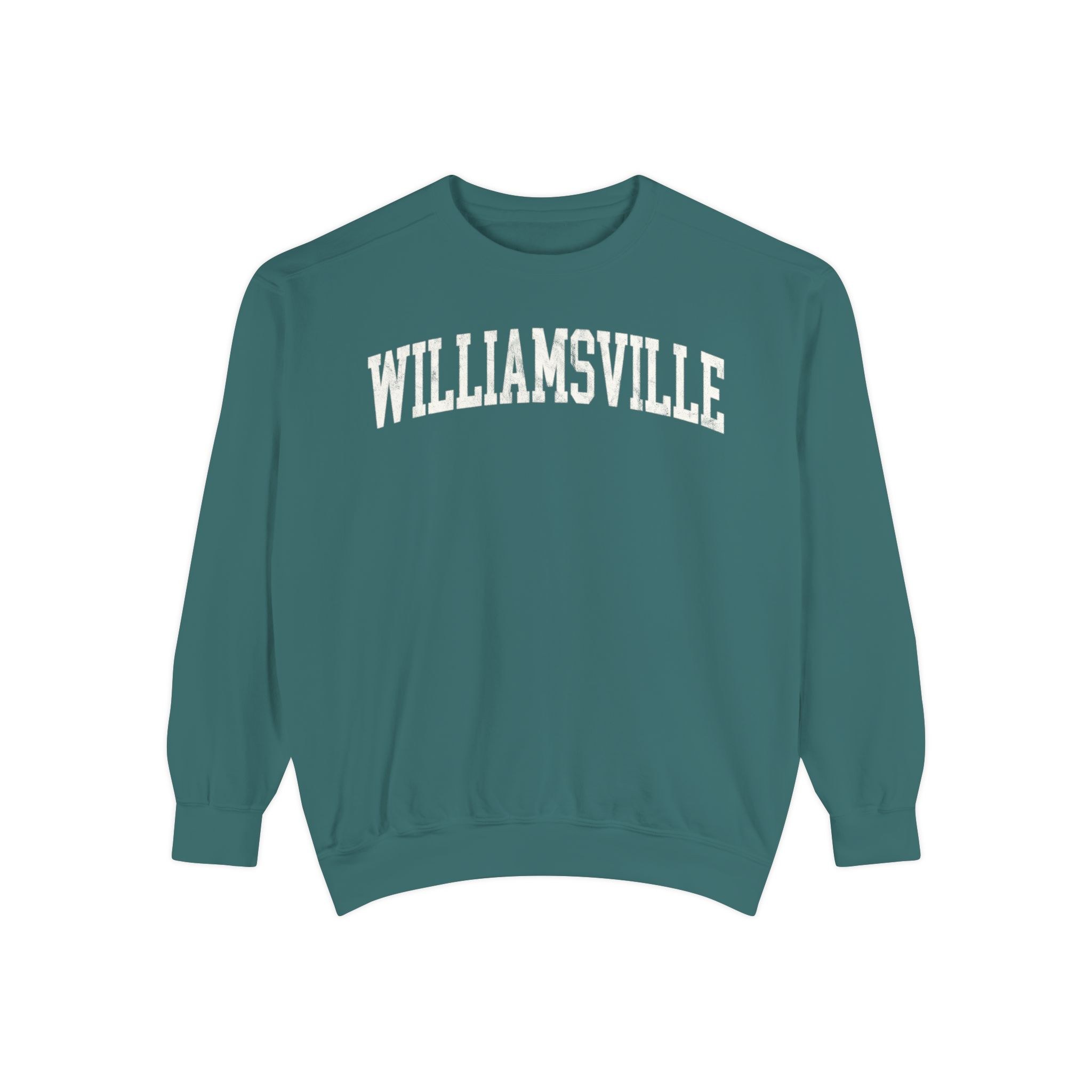 Williamsville Garment-Dyed Crewneck in Blue Spruce, front — WILLIAMSVILLE lettering
