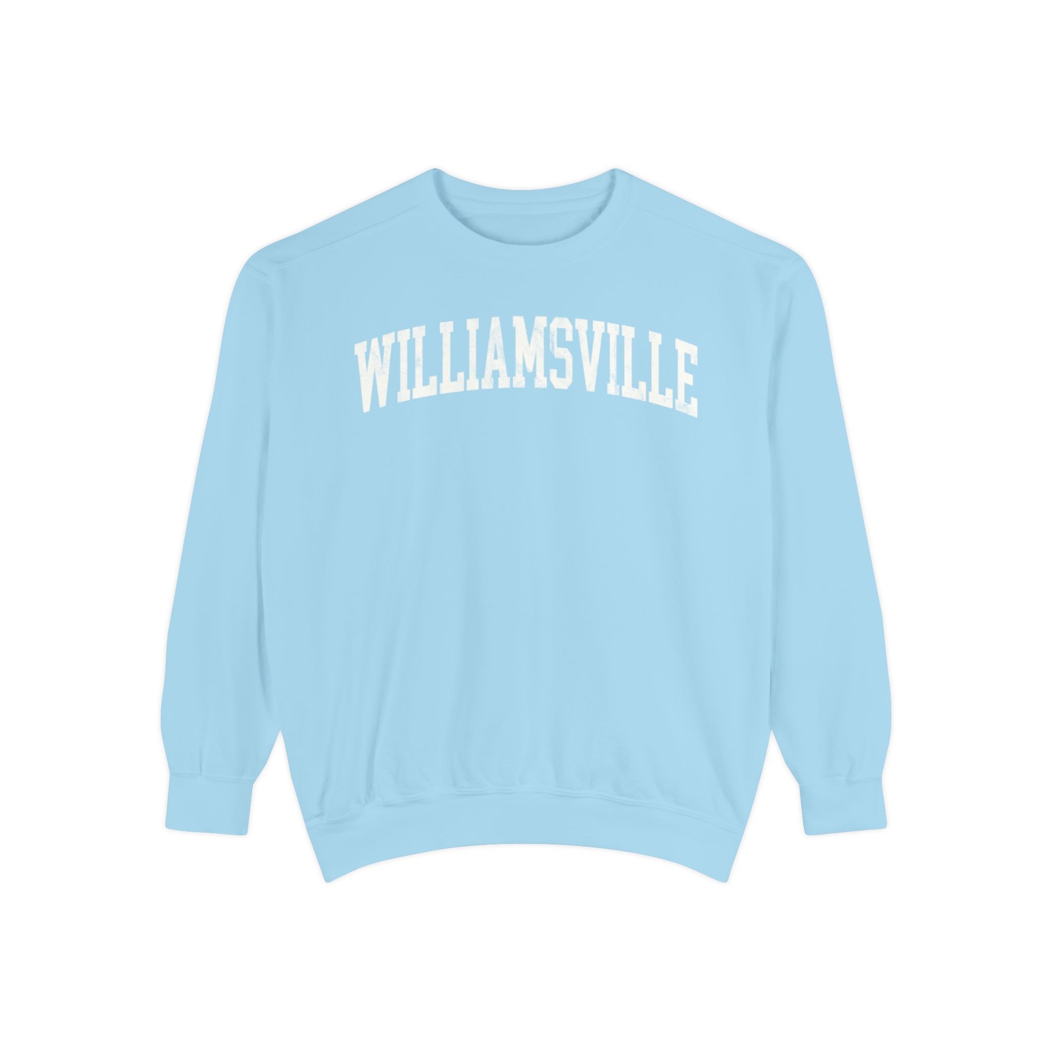 Williamsville Garment-Dyed Crewneck in Blueberry Milk, front — WILLIAMSVILLE lettering