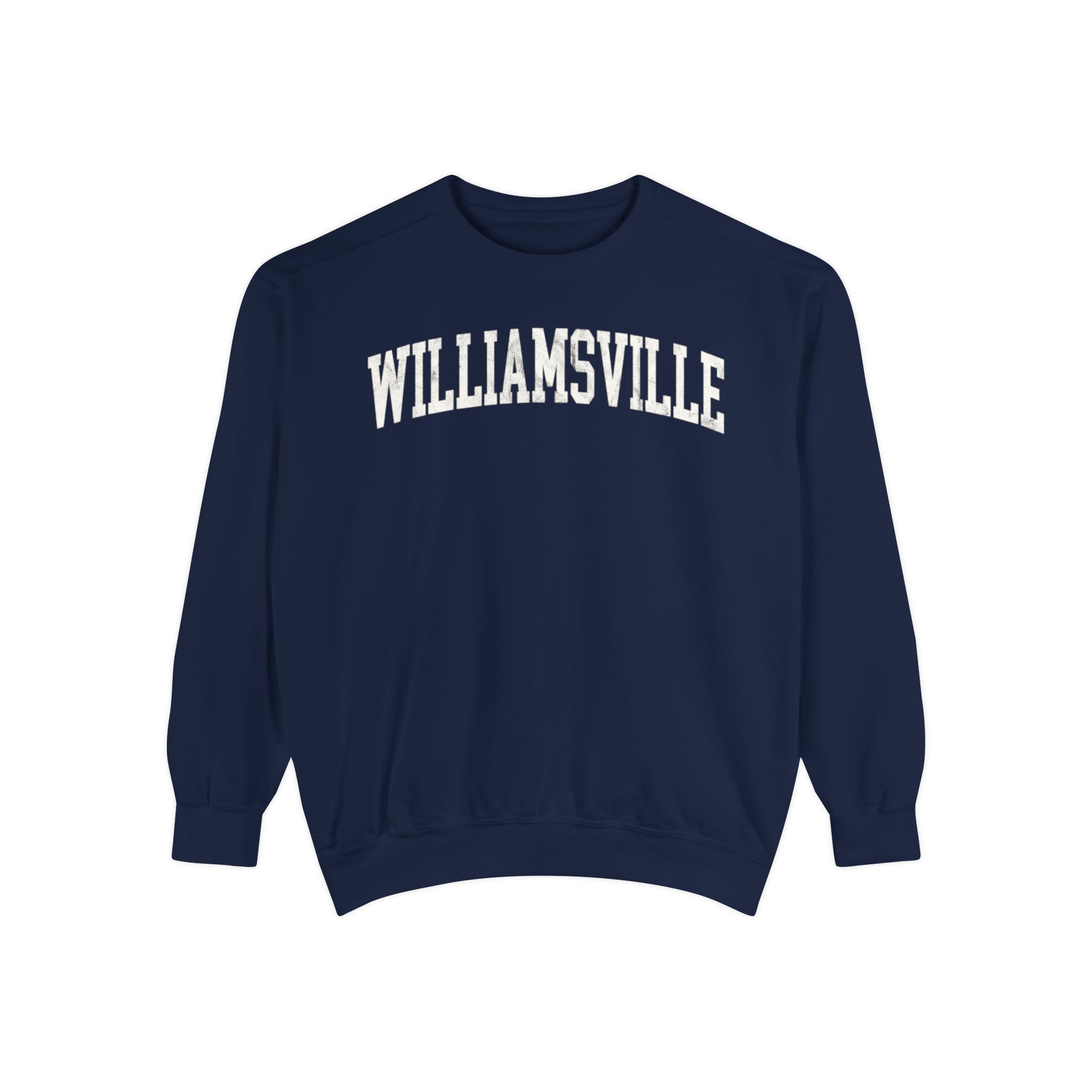 Williamsville Garment-Dyed Crewneck in Boathouse Blue, front — WILLIAMSVILLE lettering