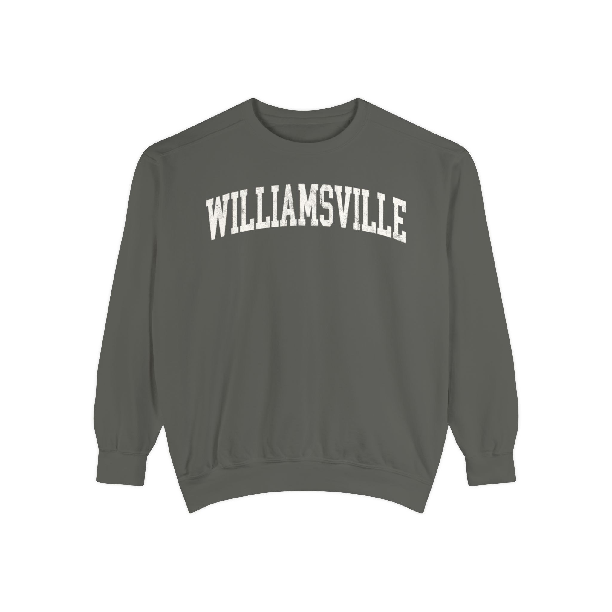Williamsville Garment-Dyed Crewneck in Concrete, front — WILLIAMSVILLE lettering