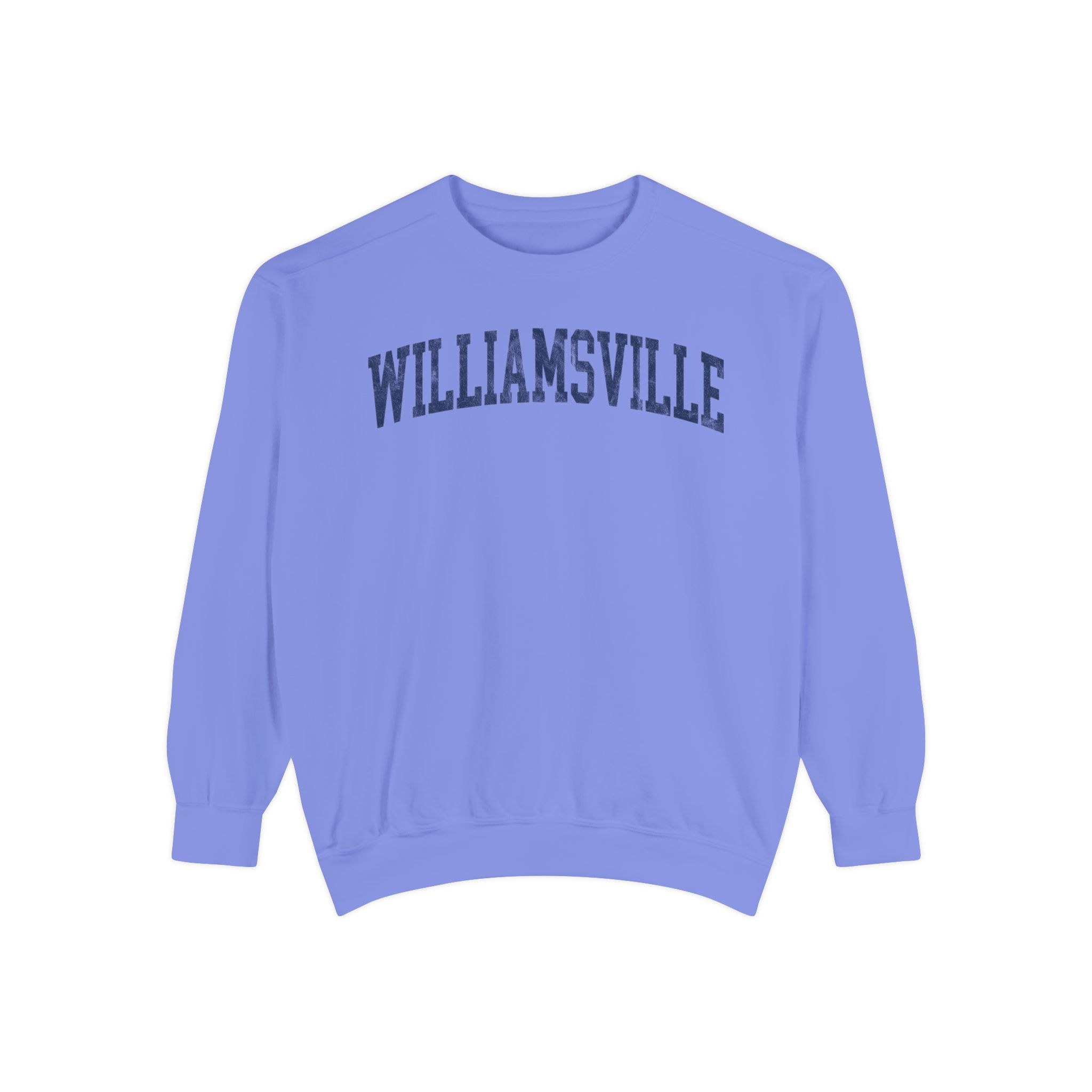 Williamsville Garment-Dyed Crewneck in Conesus Blue, front — WILLIAMSVILLE lettering