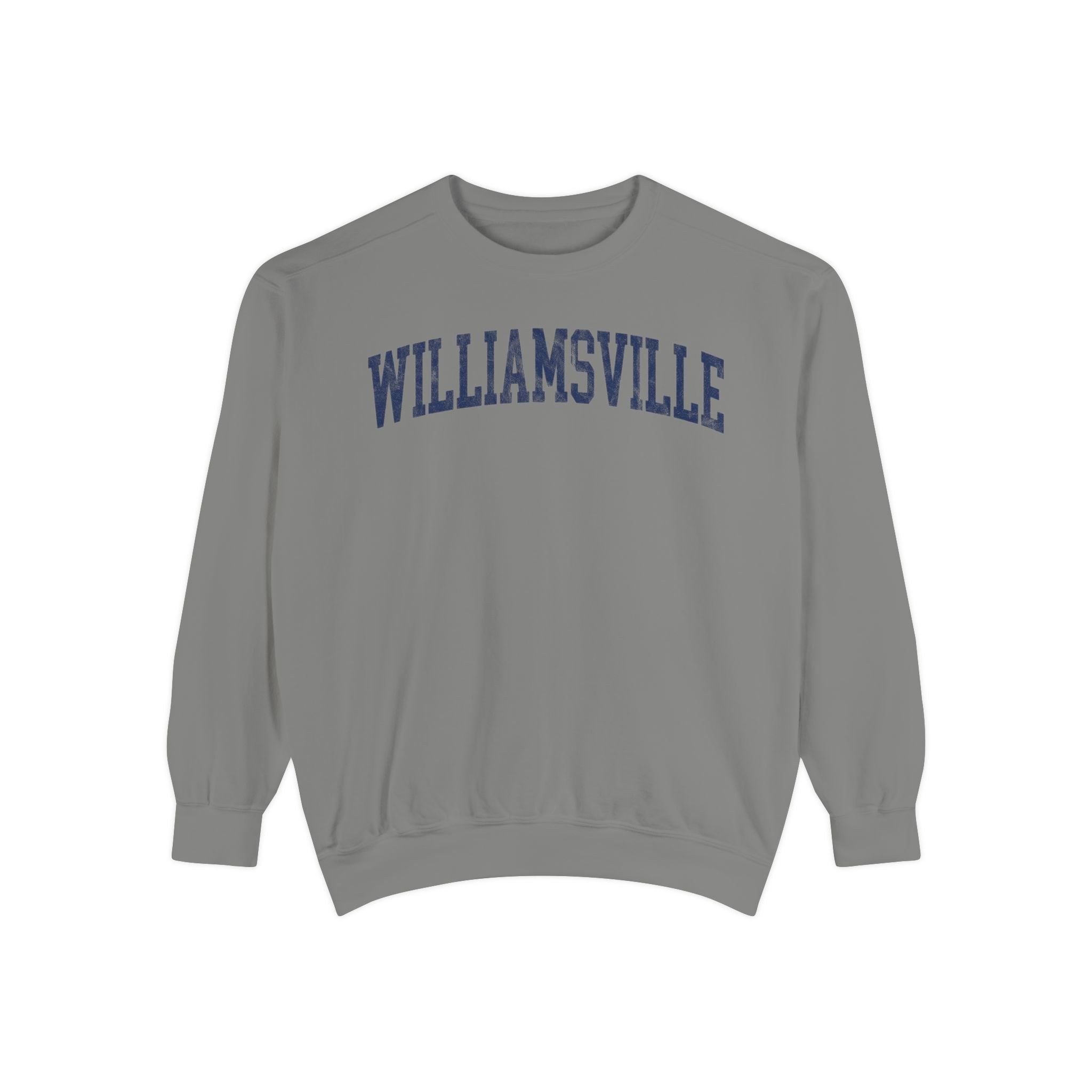 Williamsville Garment-Dyed Crewneck in Dusting, front — WILLIAMSVILLE lettering