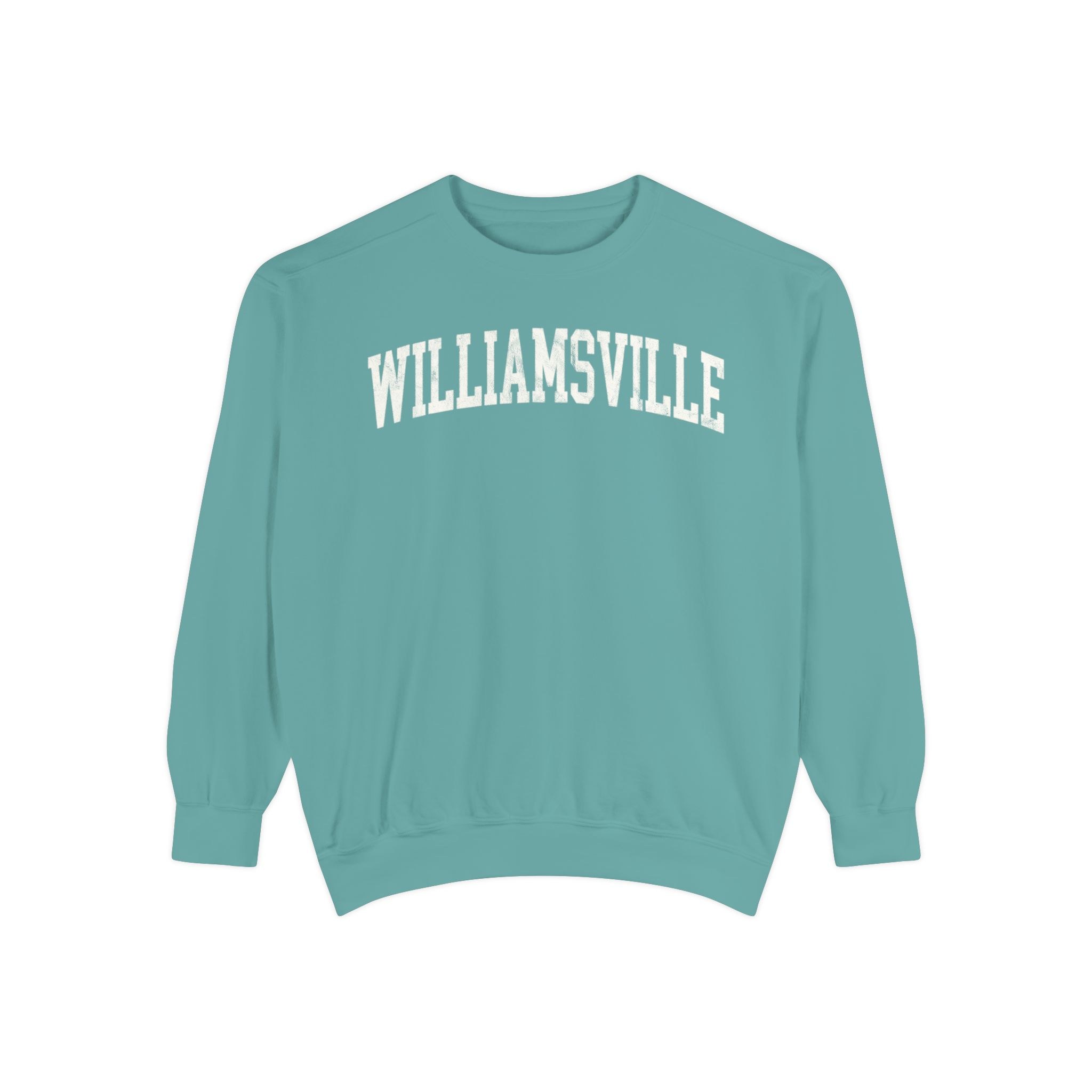 Williamsville Garment-Dyed Crewneck in Erie Blue, front — WILLIAMSVILLE lettering