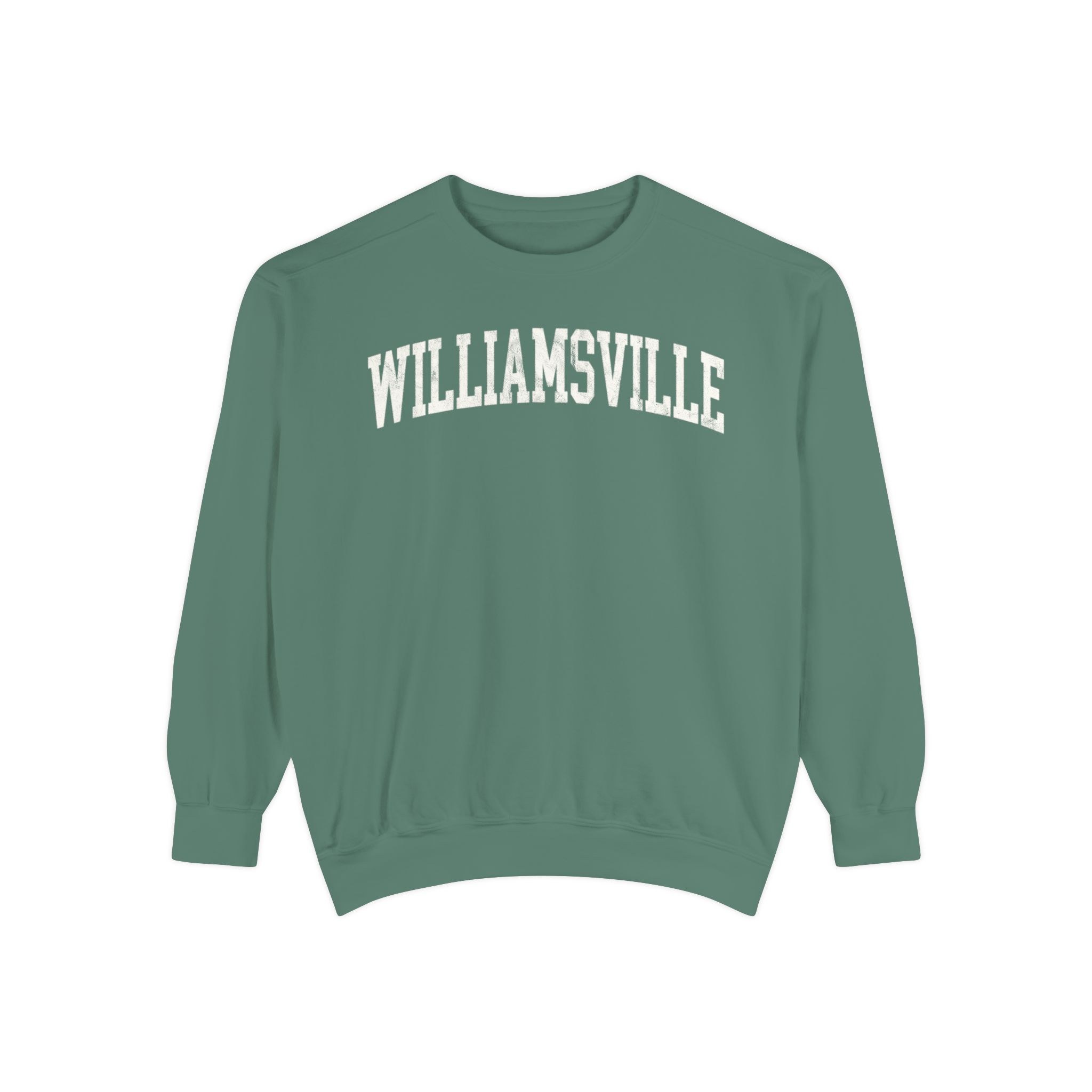 Williamsville Garment-Dyed Crewneck in Light Green, front — WILLIAMSVILLE lettering