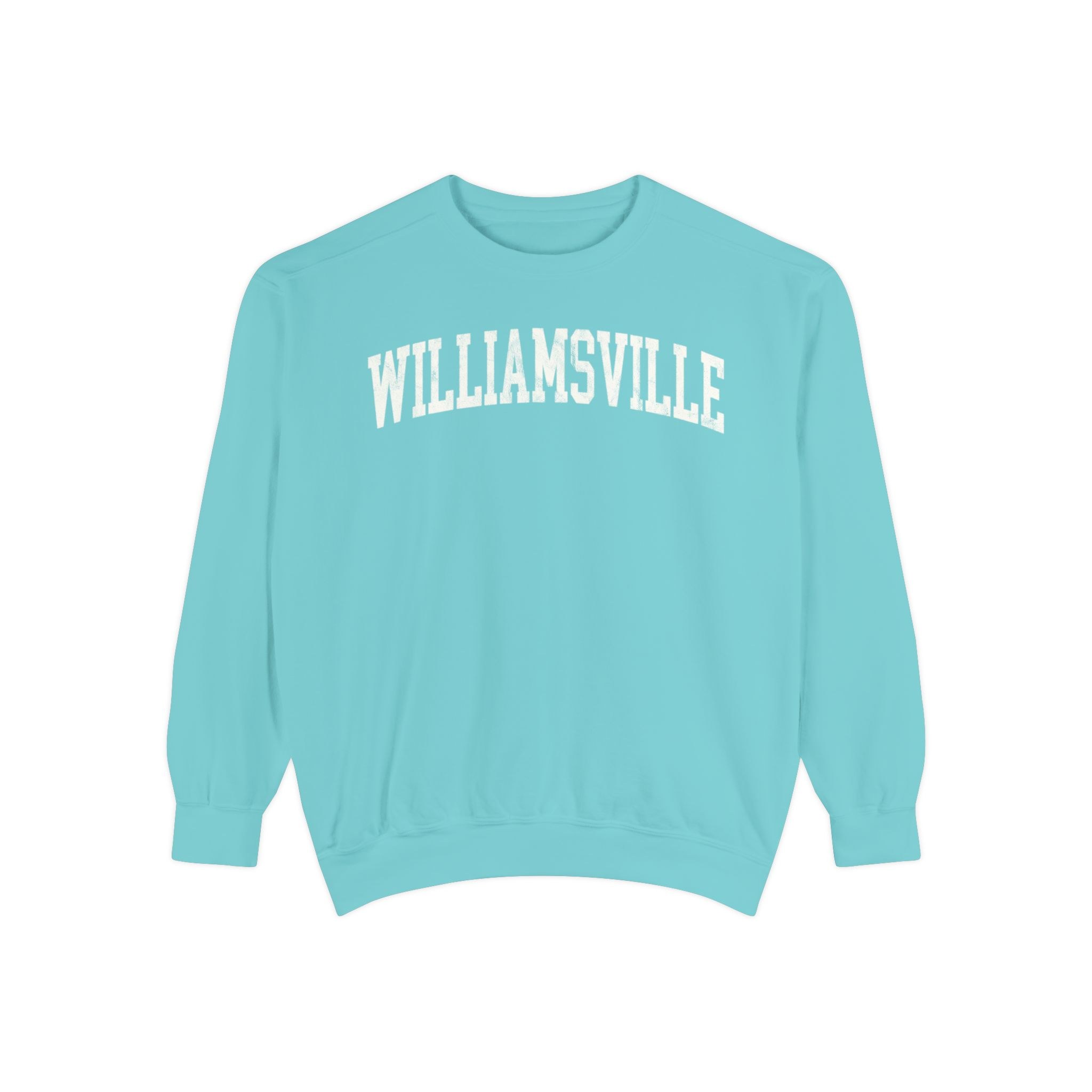 Williamsville Garment-Dyed Crewneck in Light Ice, front — WILLIAMSVILLE lettering