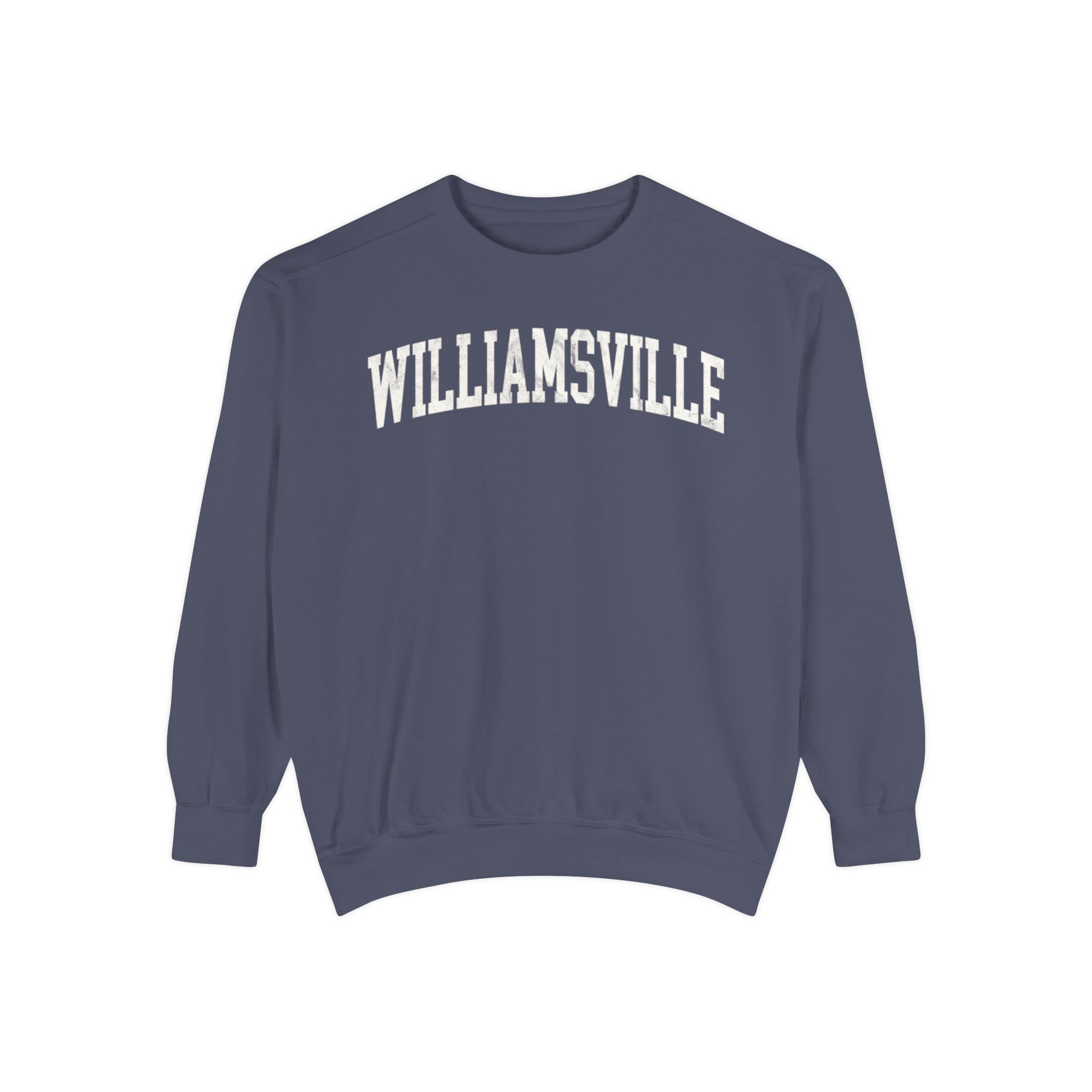 Williamsville Garment-Dyed Crewneck in Predawn, front — WILLIAMSVILLE lettering