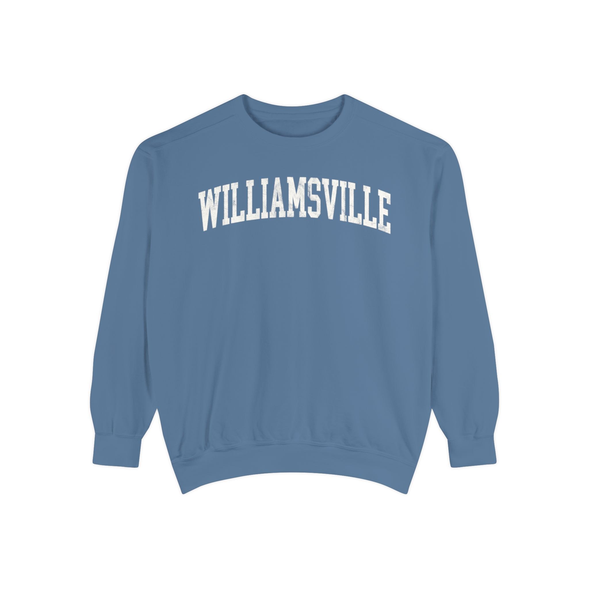 Williamsville Garment-Dyed Crewneck in Samantha Blue, front — WILLIAMSVILLE lettering