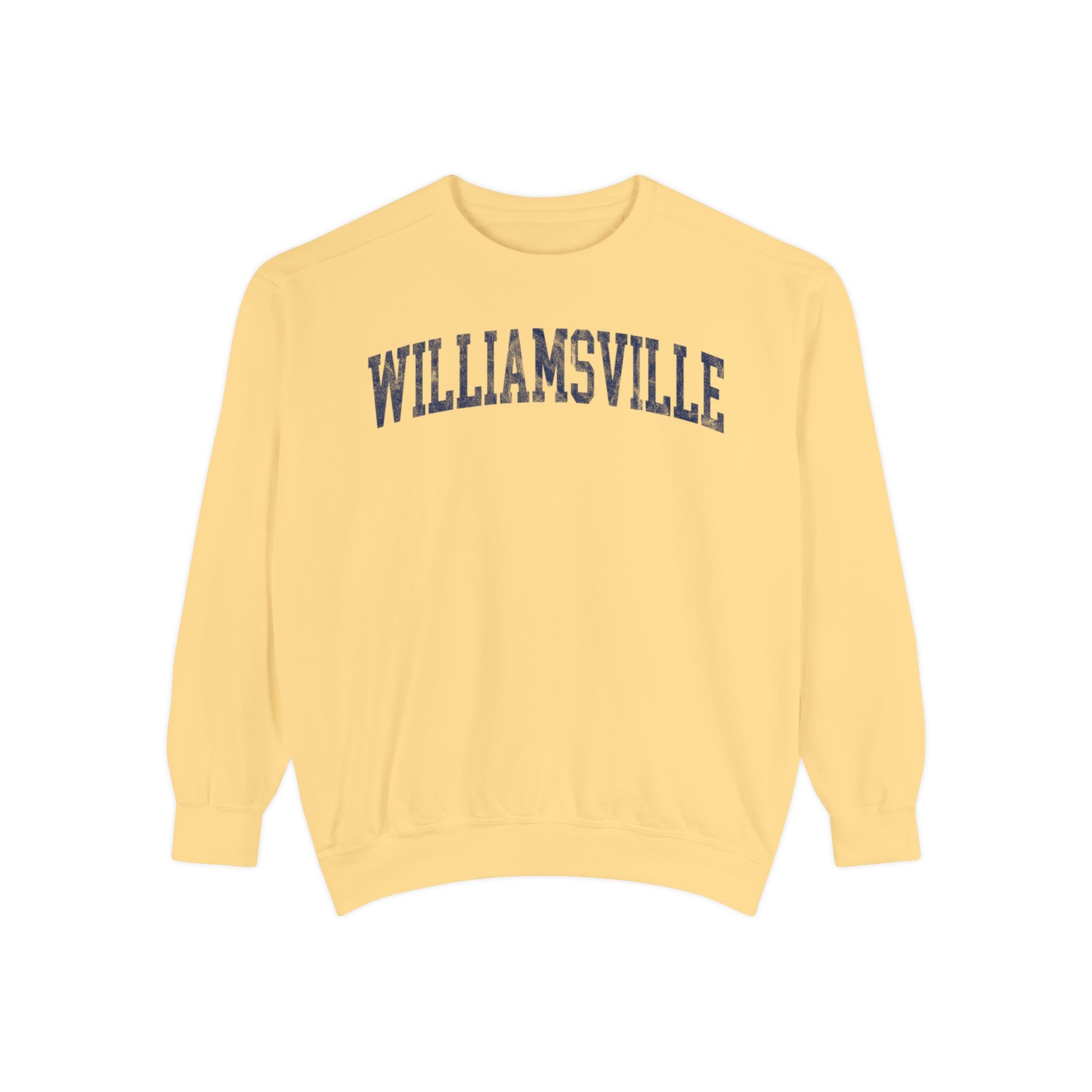 Williamsville Garment-Dyed Crewneck in Unsalted, front — WILLIAMSVILLE lettering