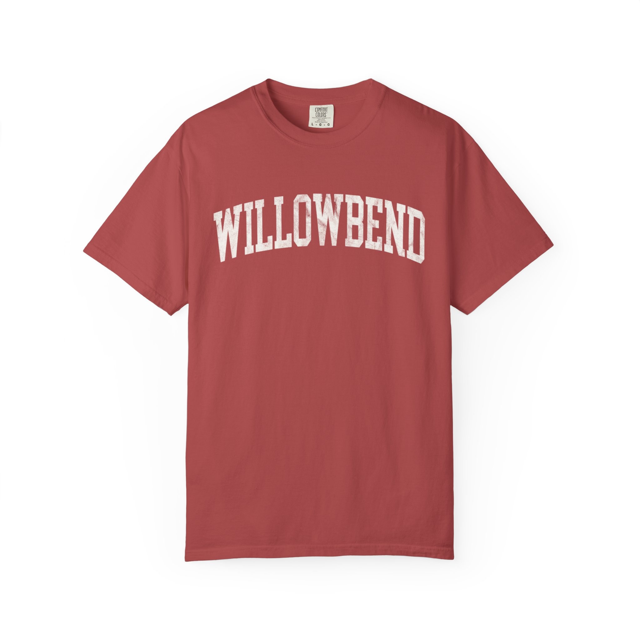Willowbend Garment-Dyed Tee in Collegiate Crimson, front — WILLOWBEND lettering