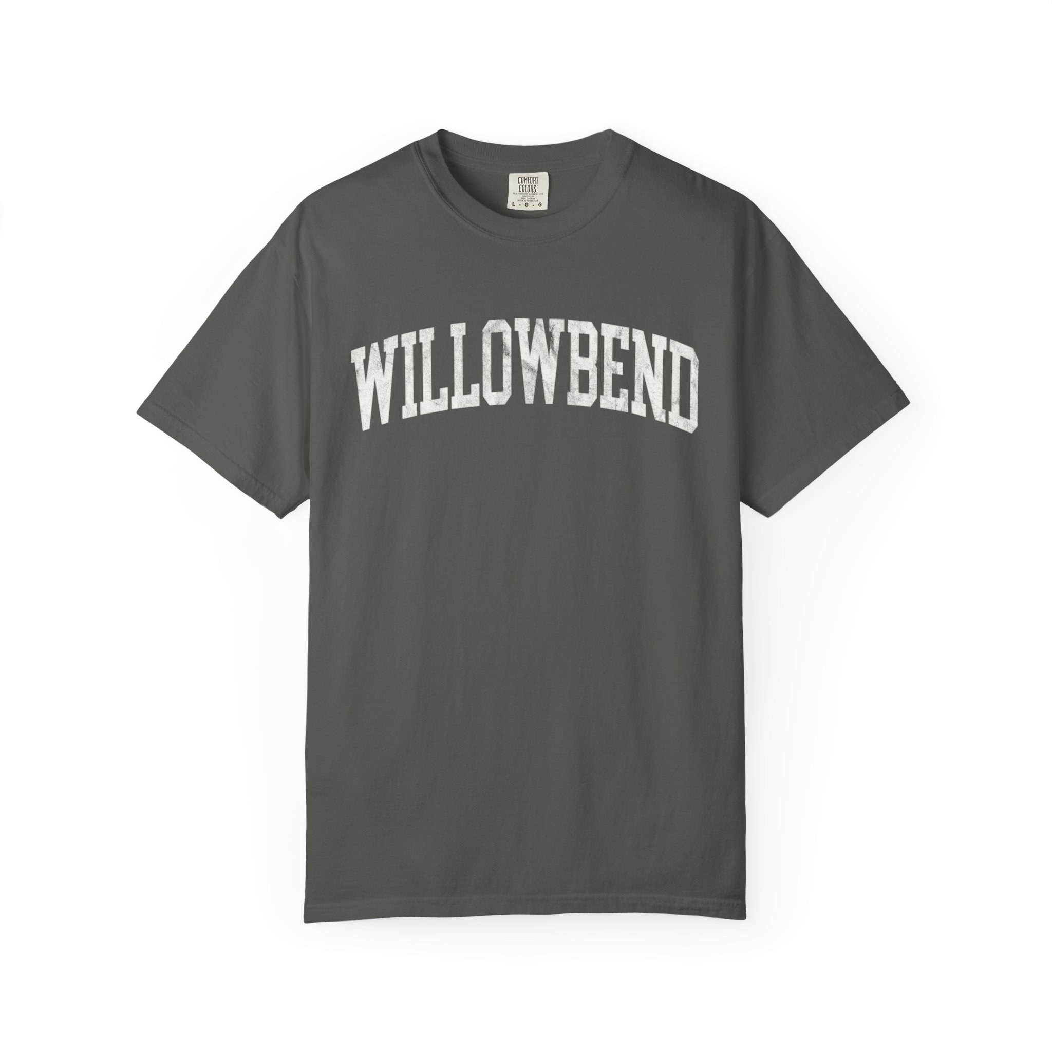 Willowbend Garment-Dyed Tee in Concrete, front — WILLOWBEND lettering