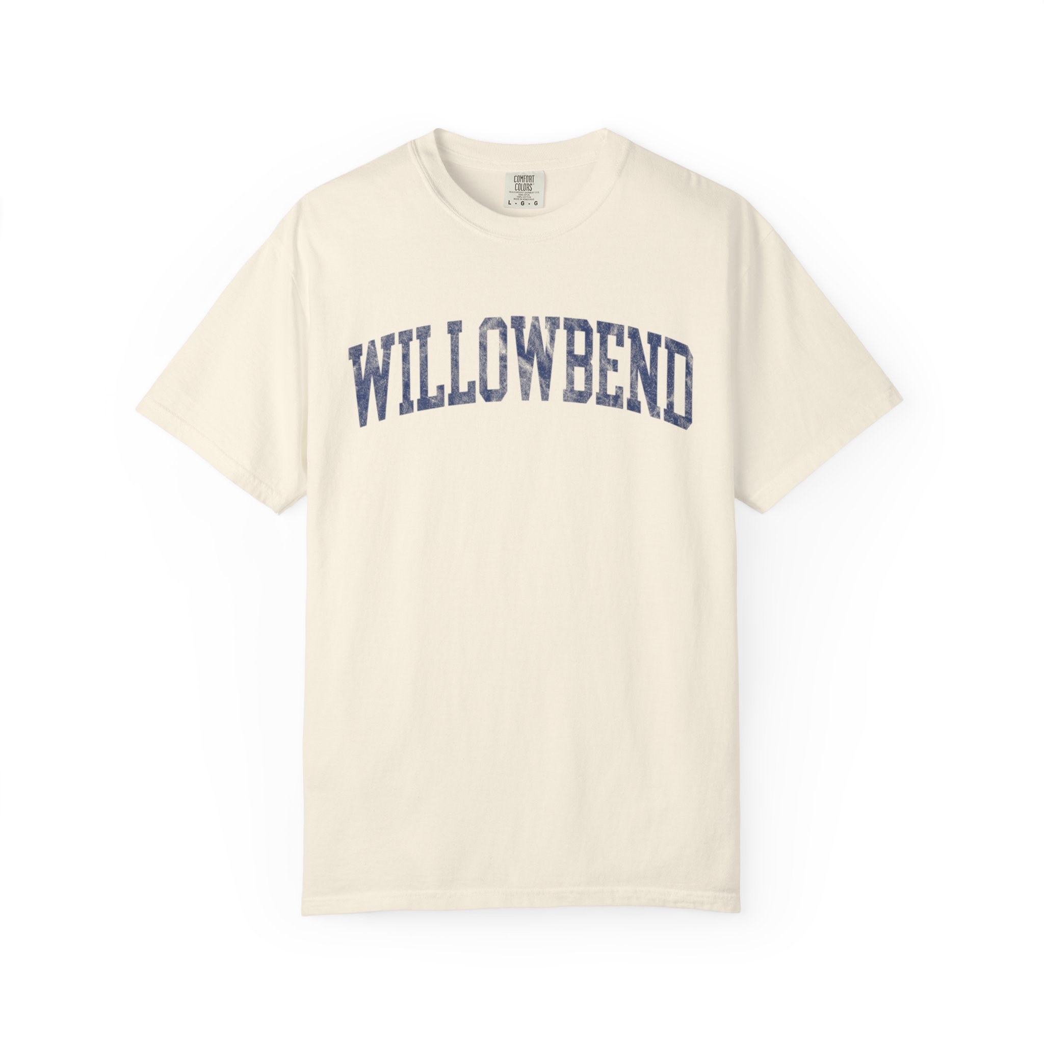 Willowbend Garment-Dyed Tee in Crème Fraîche, front — WILLOWBEND lettering