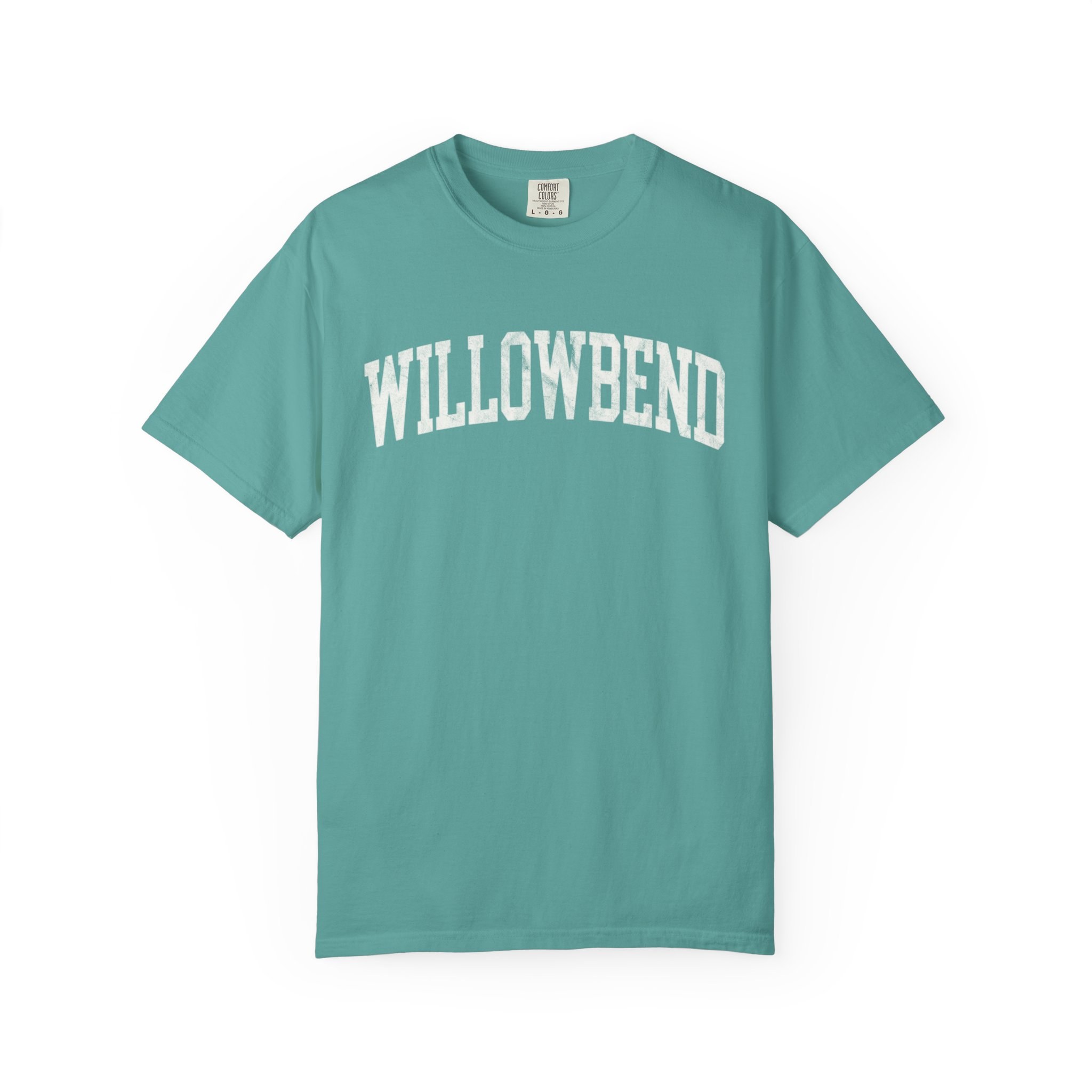 Willowbend Garment-Dyed Tee in Erie Blue, front — WILLOWBEND lettering